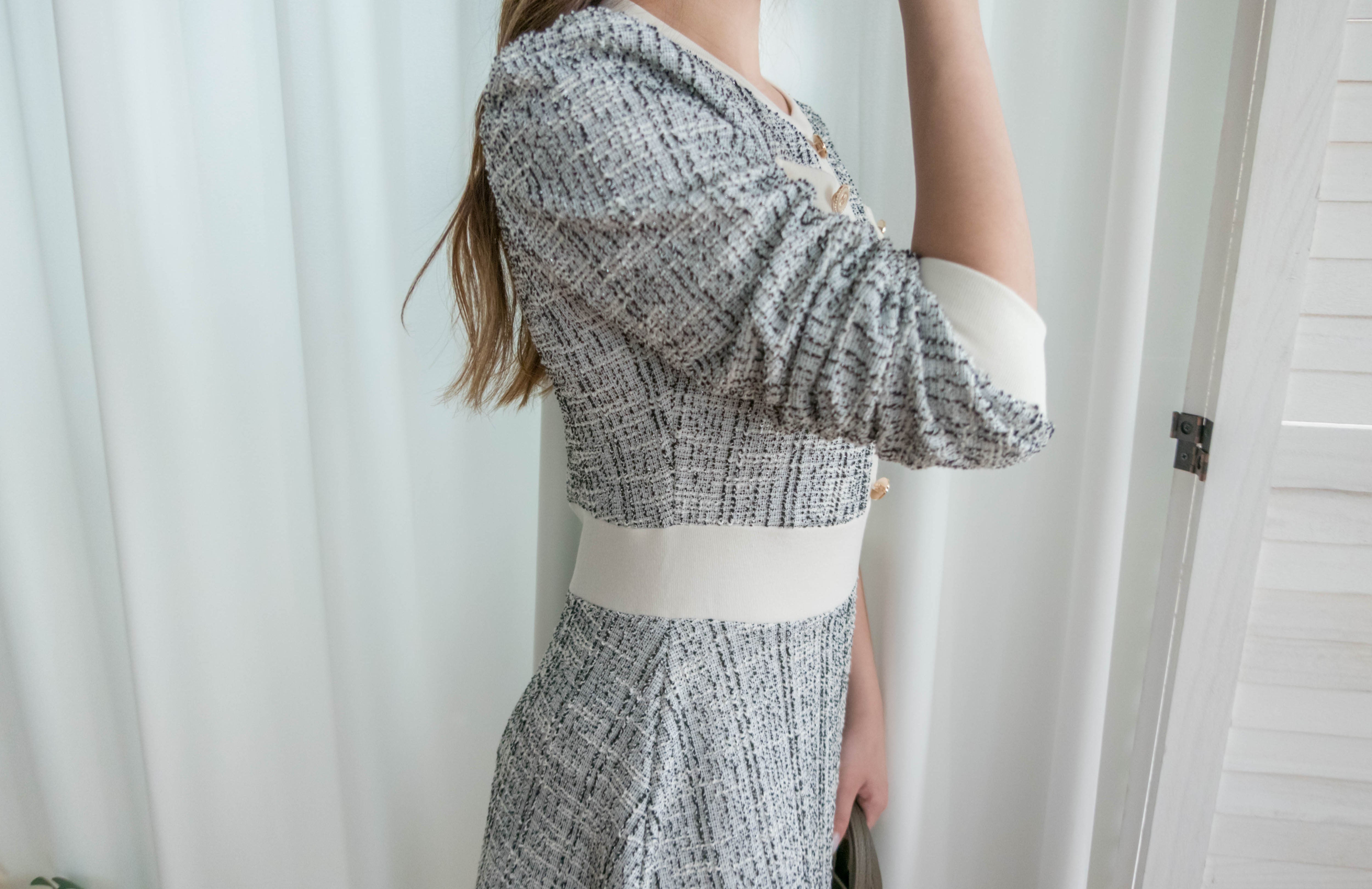 My Coco 十字線混灰細緻金鈕全彈性氣質連身裙, Dress/ DS9327