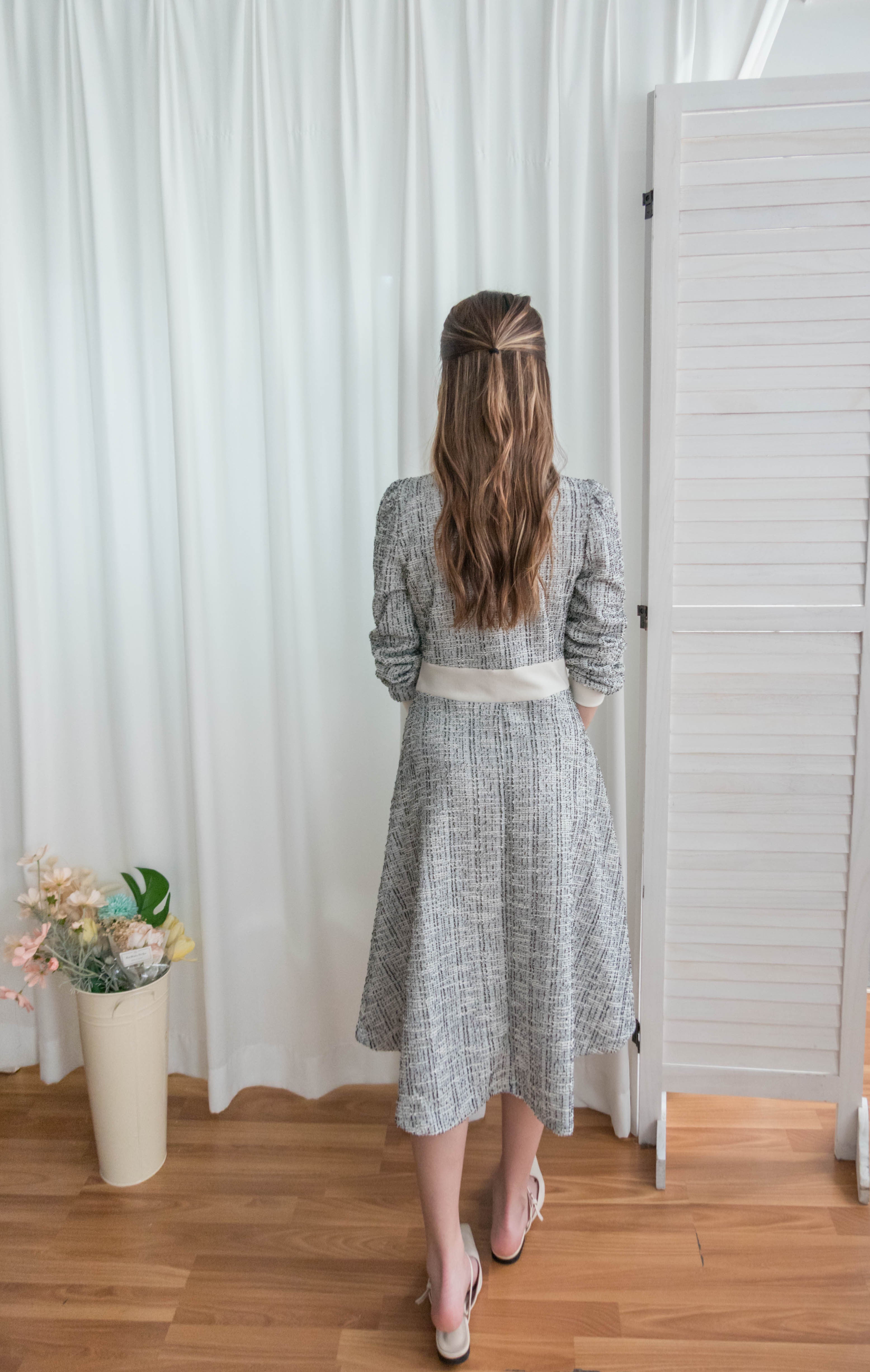 My Coco 十字線混灰細緻金鈕全彈性氣質連身裙, Dress/ DS9327