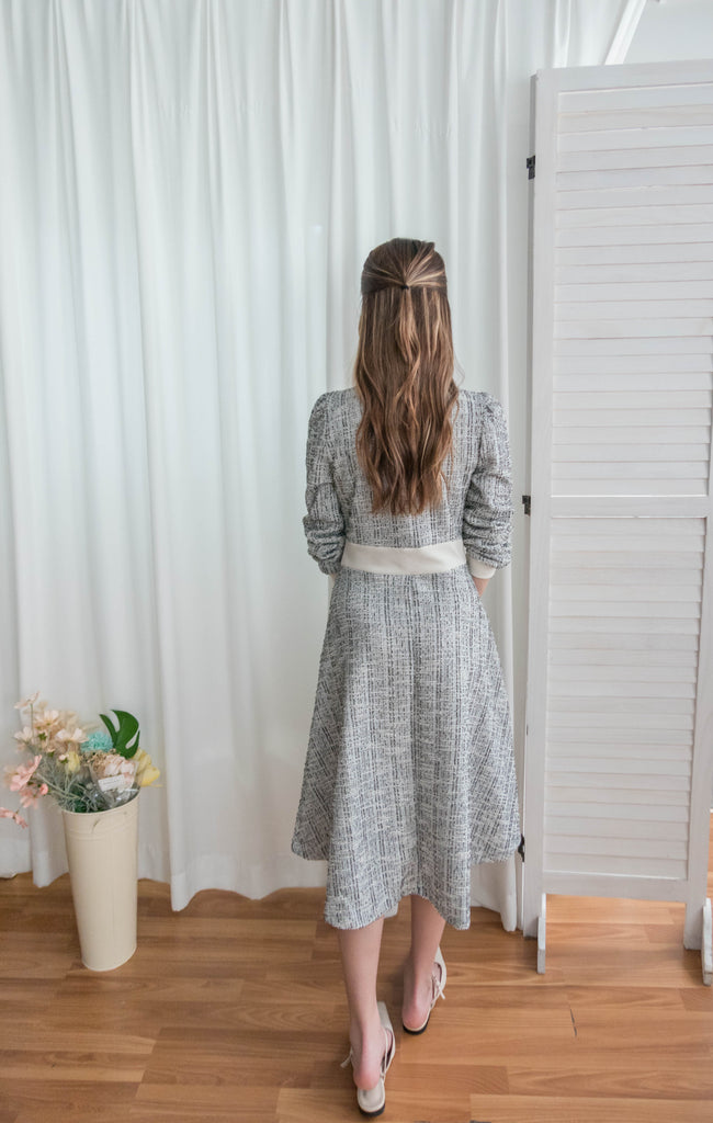 My Coco 十字線混灰細緻金鈕全彈性氣質連身裙, Dress/ DS9327