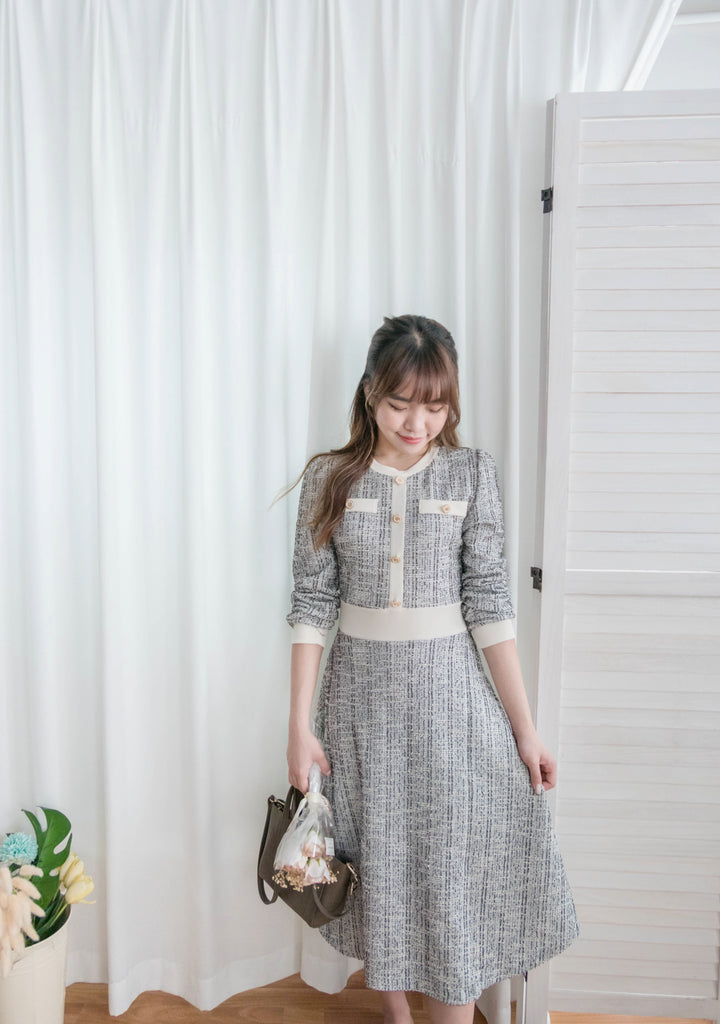 My Coco 十字線混灰細緻金鈕全彈性氣質連身裙, Dress/ DS9327