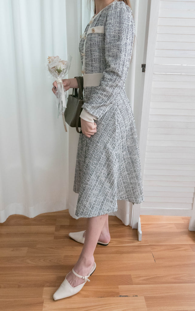My Coco 十字線混灰細緻金鈕全彈性氣質連身裙, Dress/ DS9327