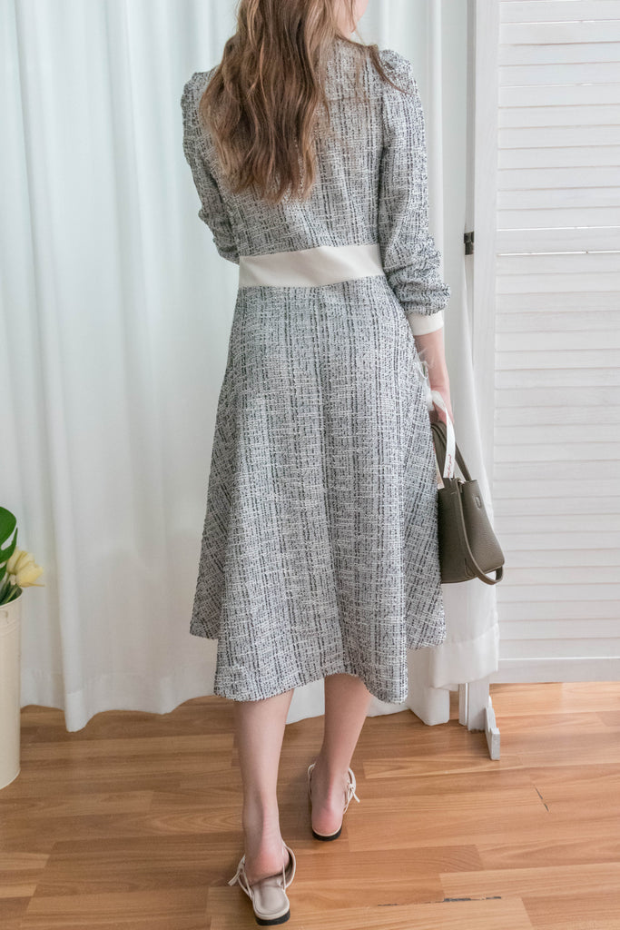 My Coco 十字線混灰細緻金鈕全彈性氣質連身裙, Dress/ DS9327