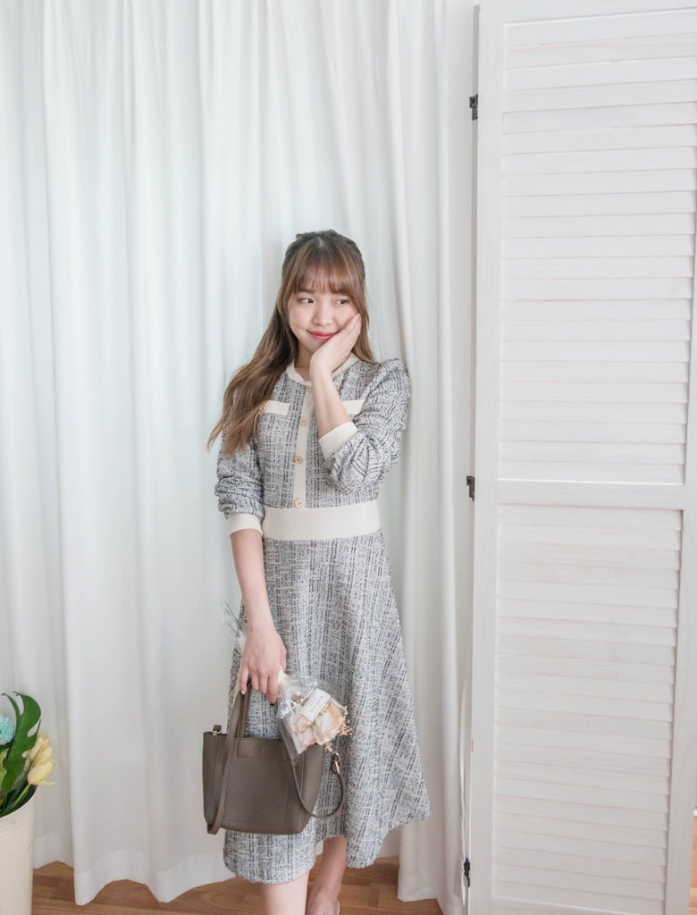My Coco 十字線混灰細緻金鈕全彈性氣質連身裙, Dress/ DS9327