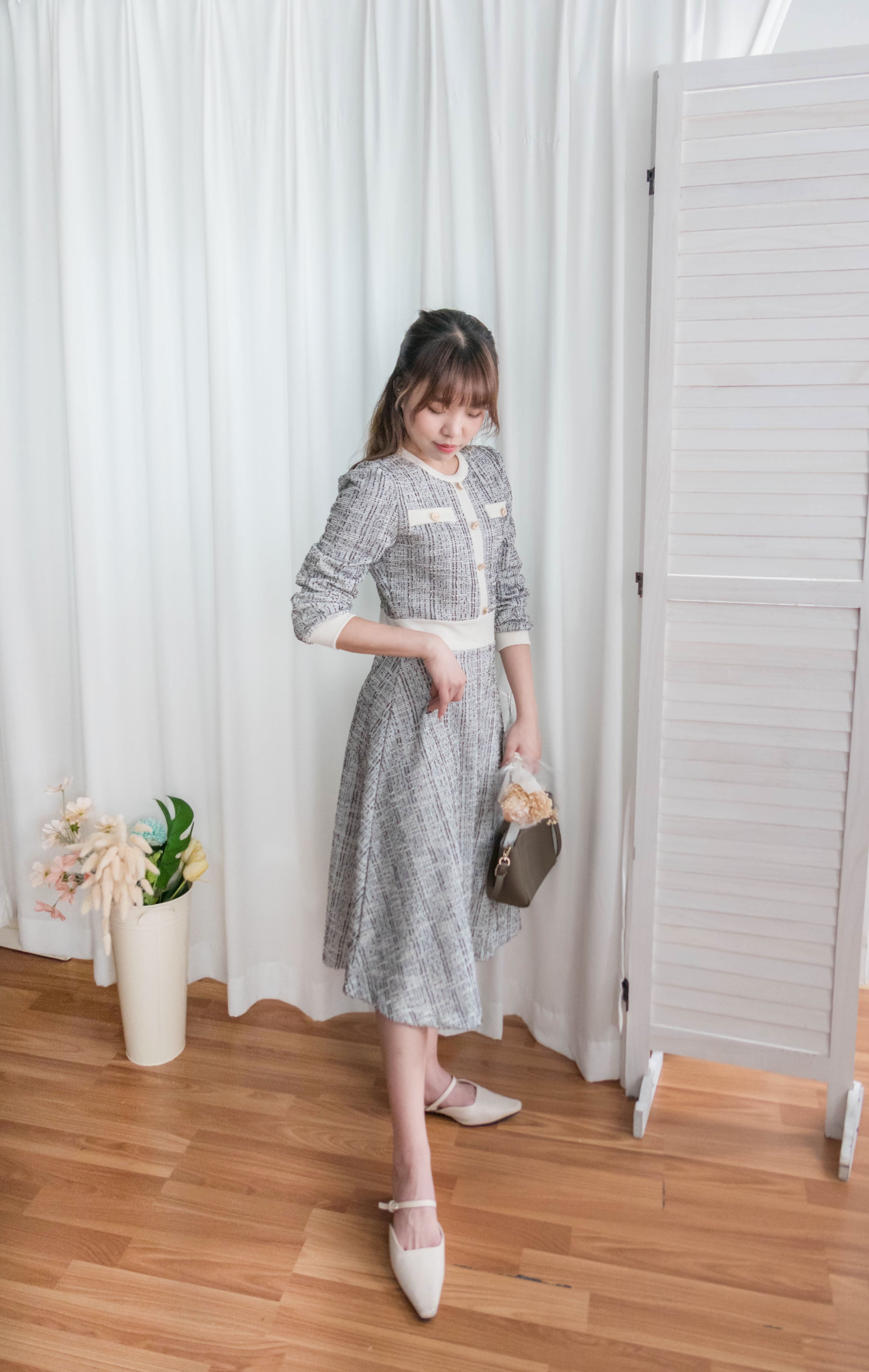 My Coco 十字線混灰細緻金鈕全彈性氣質連身裙, Dress/ DS9327