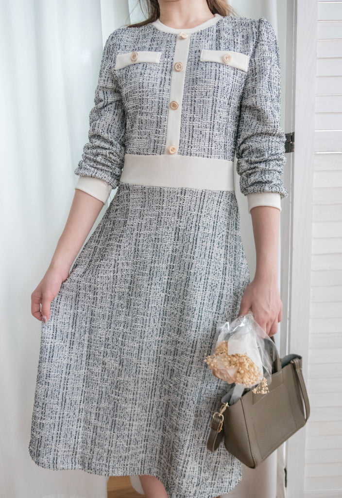 My Coco 十字線混灰細緻金鈕全彈性氣質連身裙, Dress/ DS9327