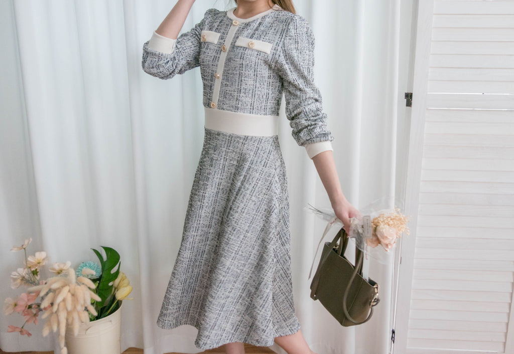 My Coco 十字線混灰細緻金鈕全彈性氣質連身裙, Dress/ DS9327
