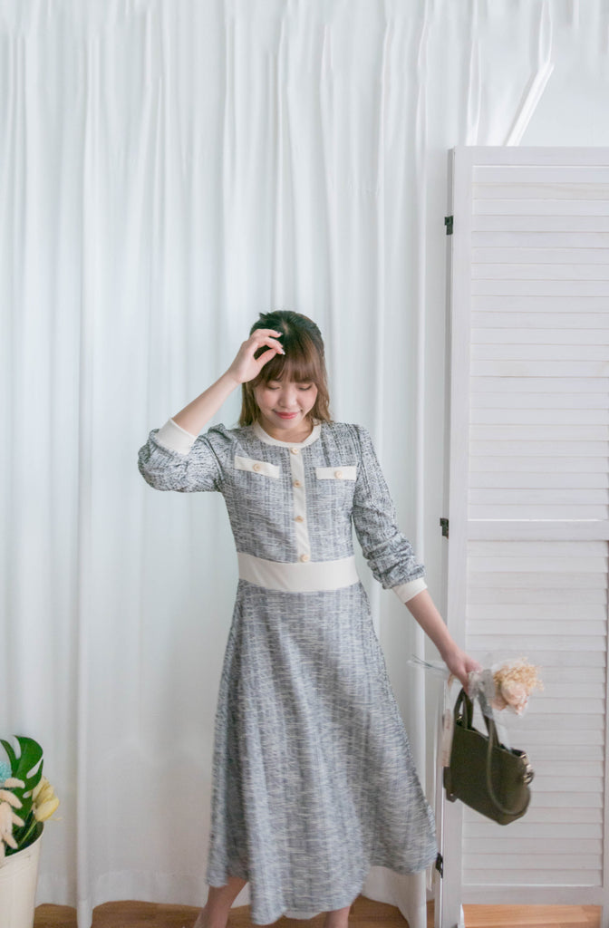 My Coco 十字線混灰細緻金鈕全彈性氣質連身裙, Dress/ DS9327