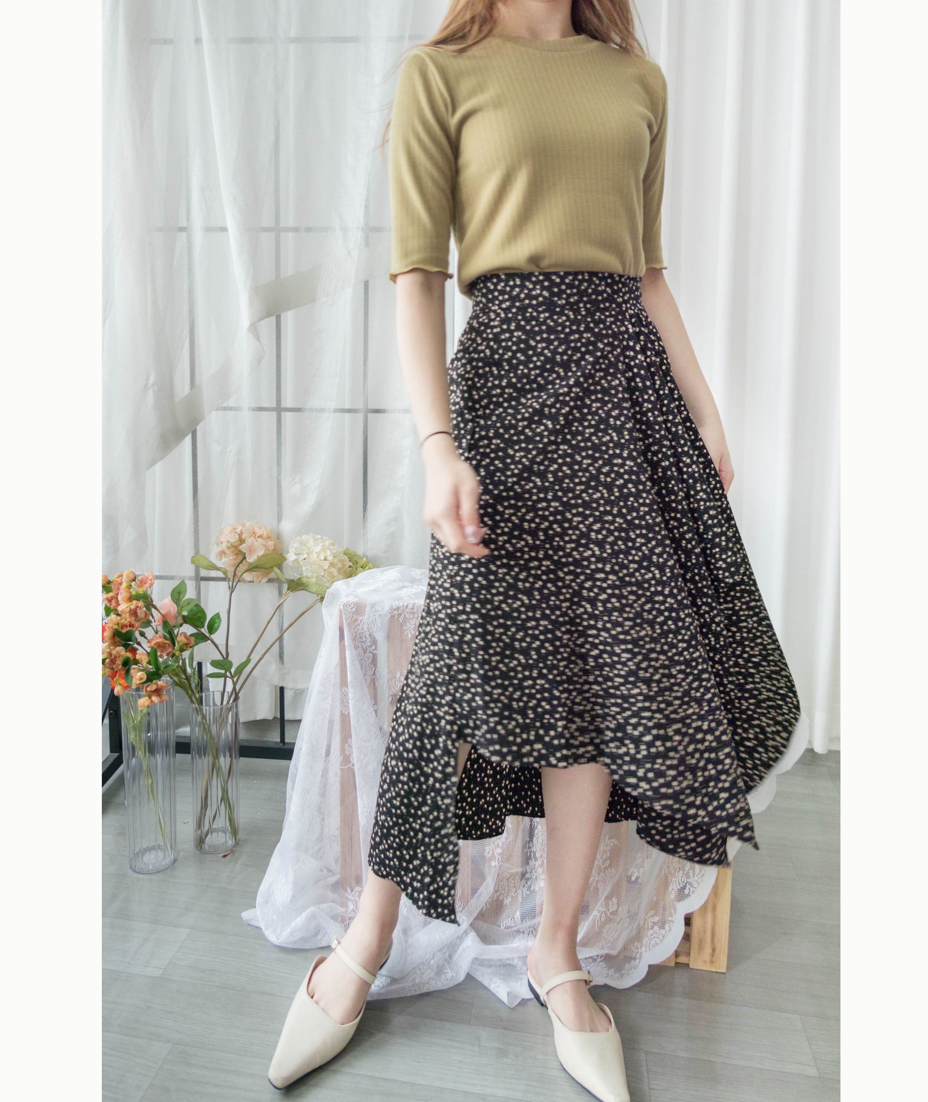 Egg Flower 雪紡雞蛋花側褶疊不規則傘裙, Skirt/ SK8740