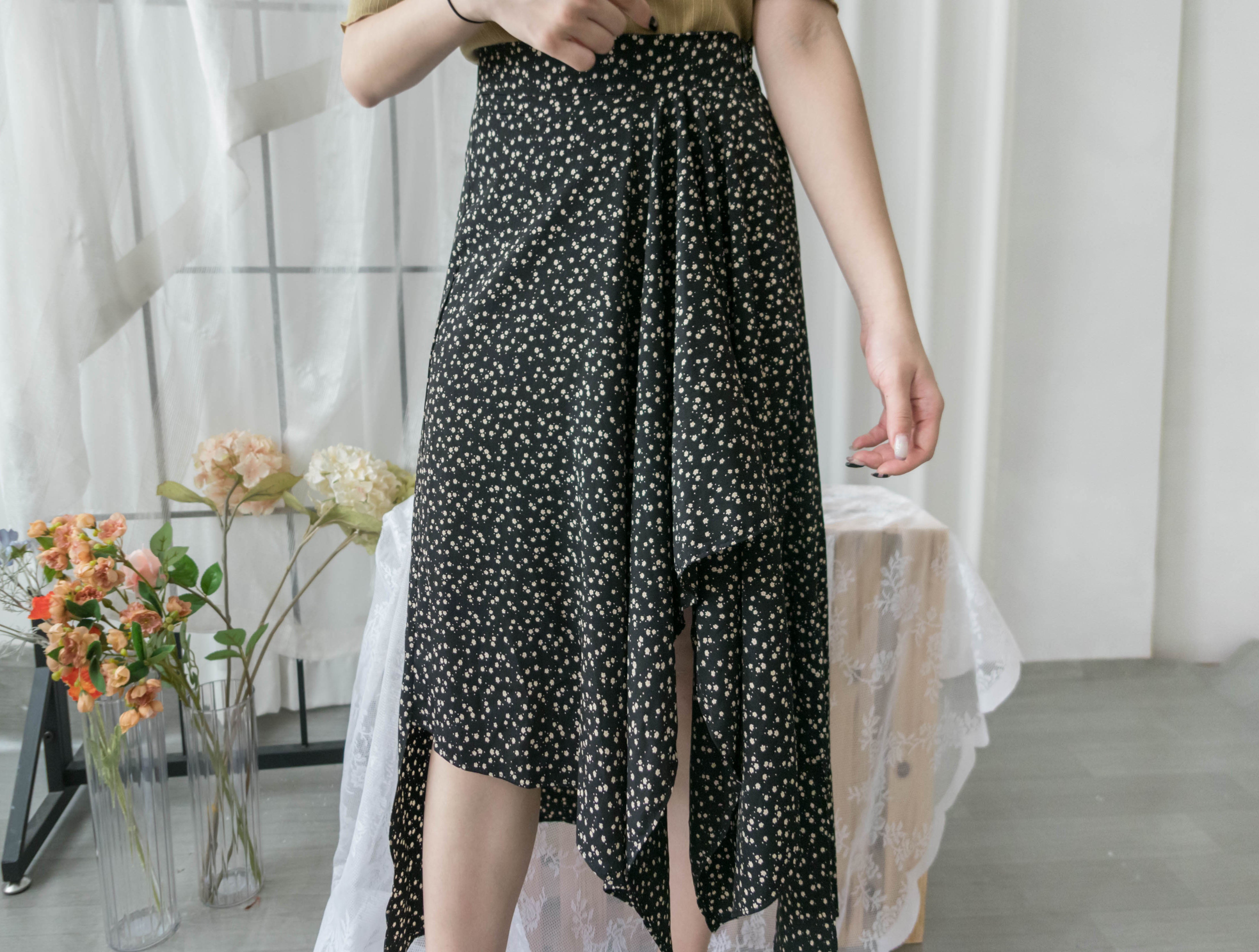 Egg Flower 雪紡雞蛋花側褶疊不規則傘裙, Skirt/ SK8740