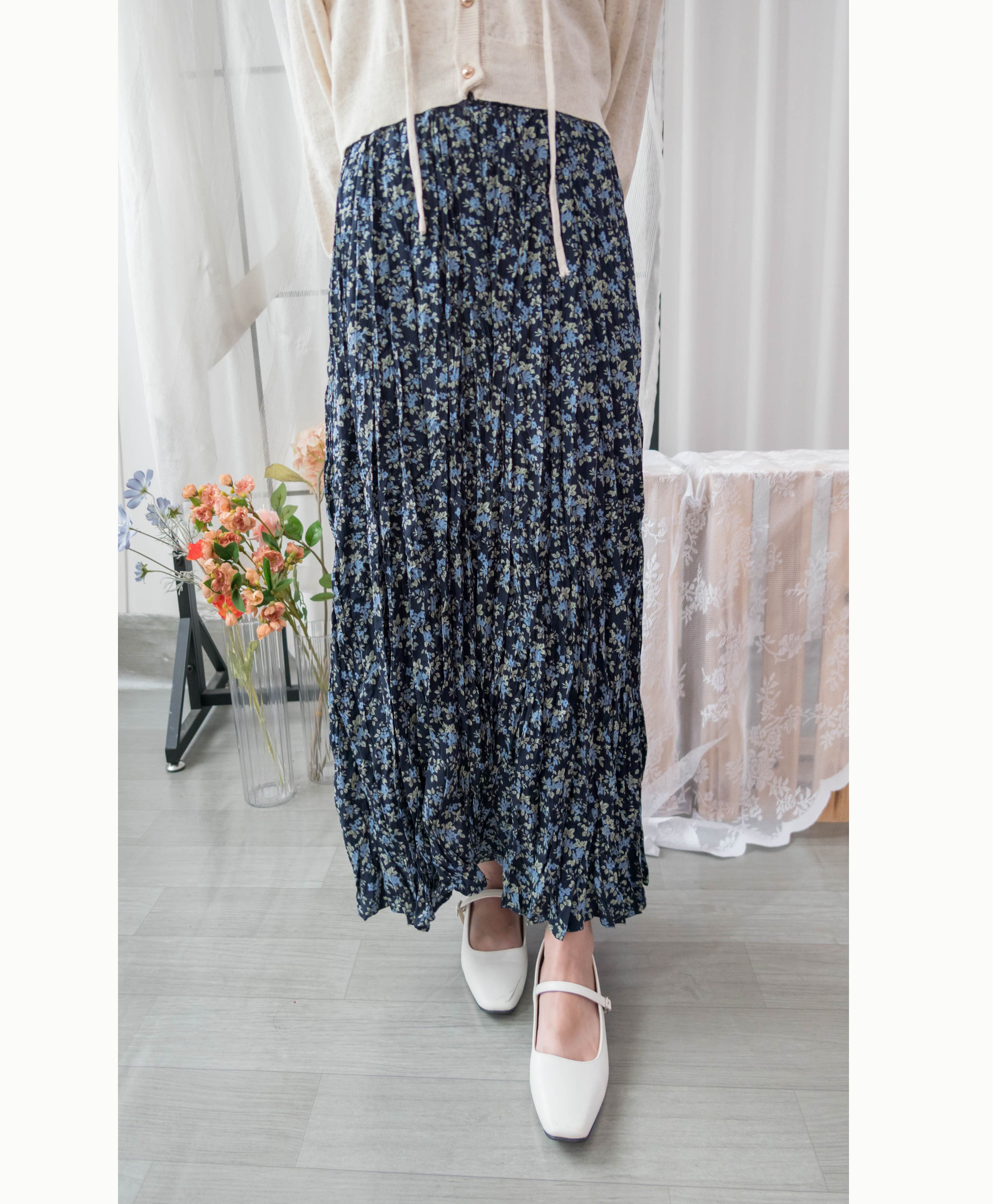 Blue Daisy 小藍花遮肉皺皺寬鬆直身, Skirt / SK8733
