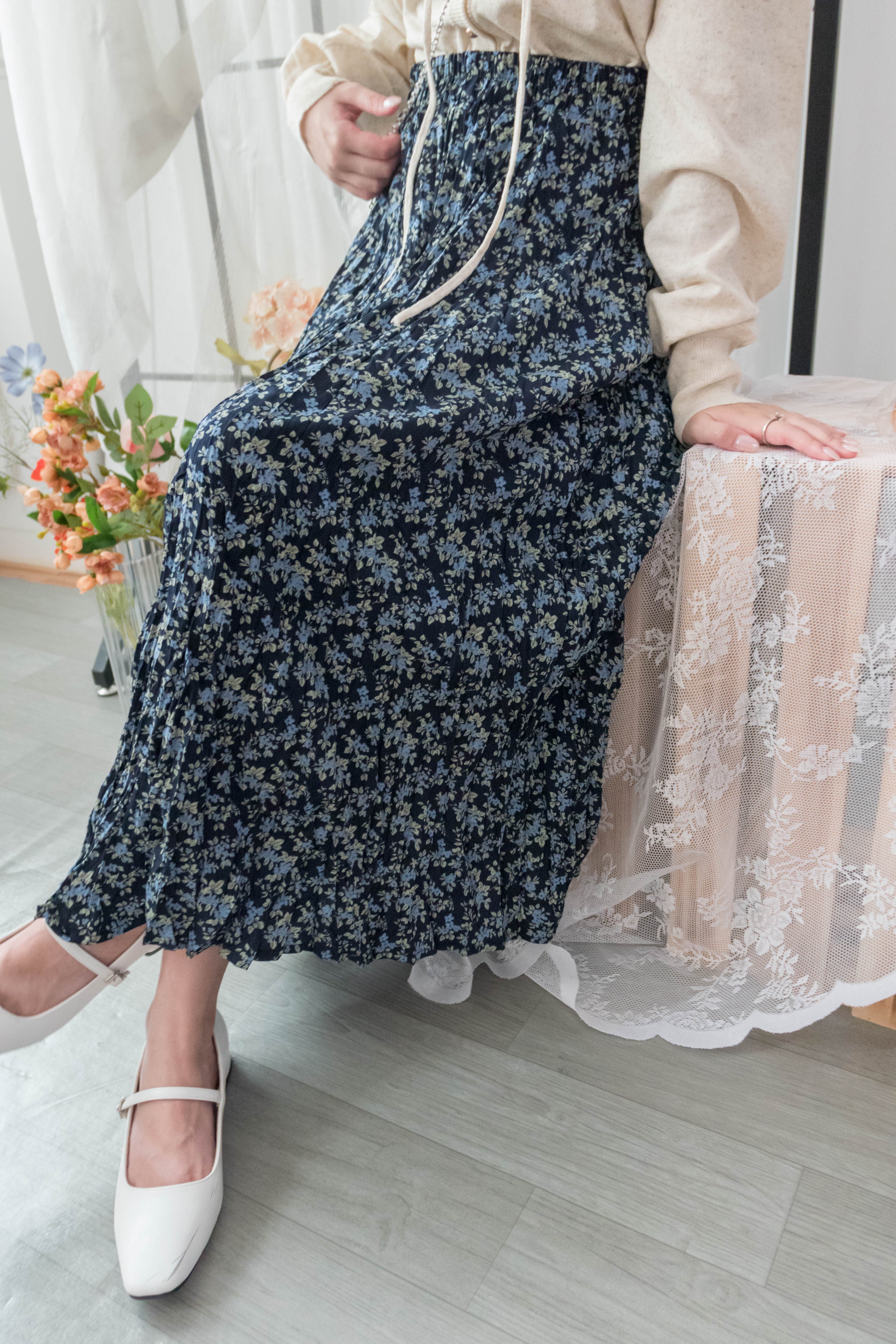 Blue Daisy 小藍花遮肉皺皺寬鬆直身, Skirt / SK8733