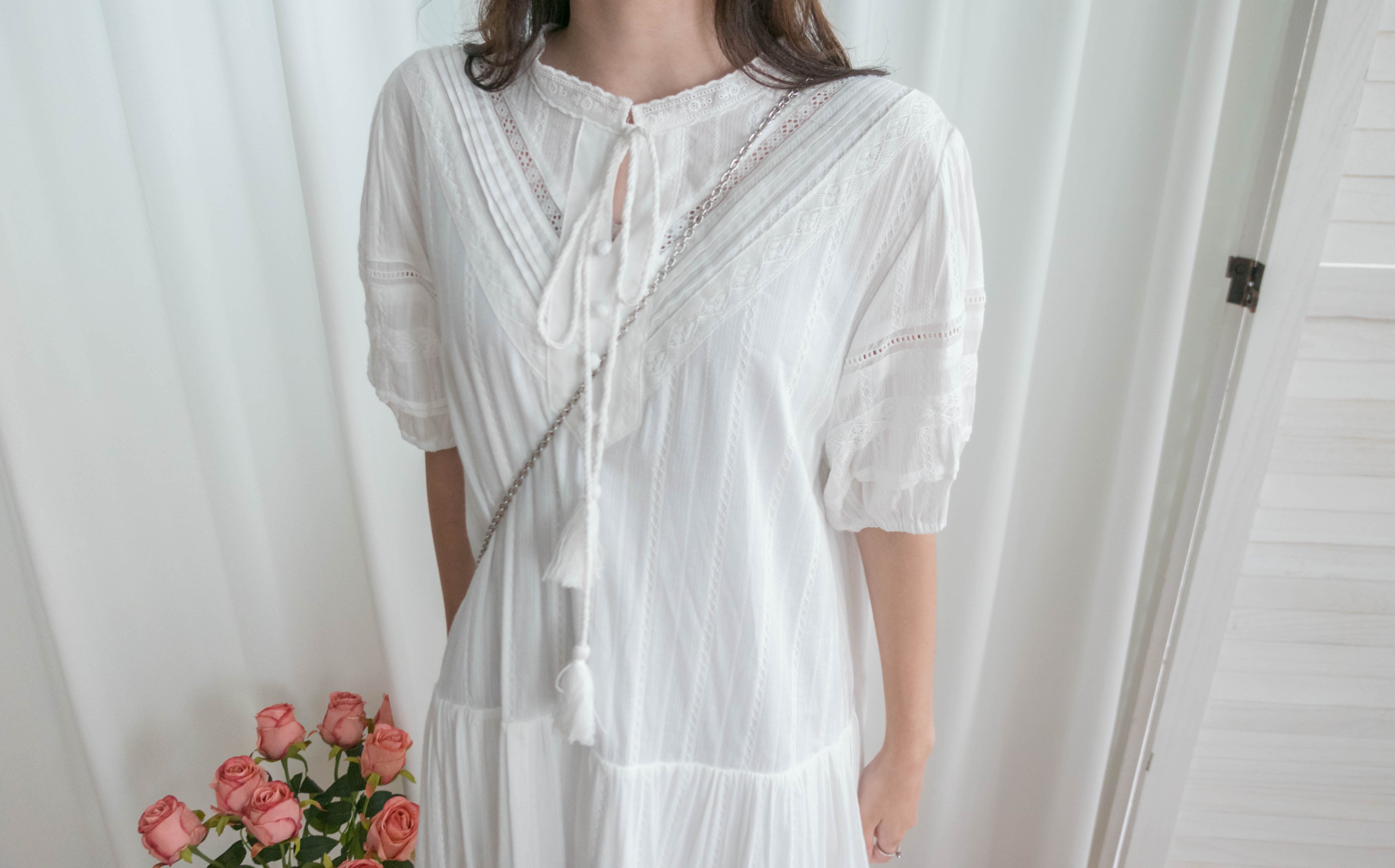 Ethnic Pattern 白色通花流蘇領口飄逸多層, Dress(售完即止) / DS9317