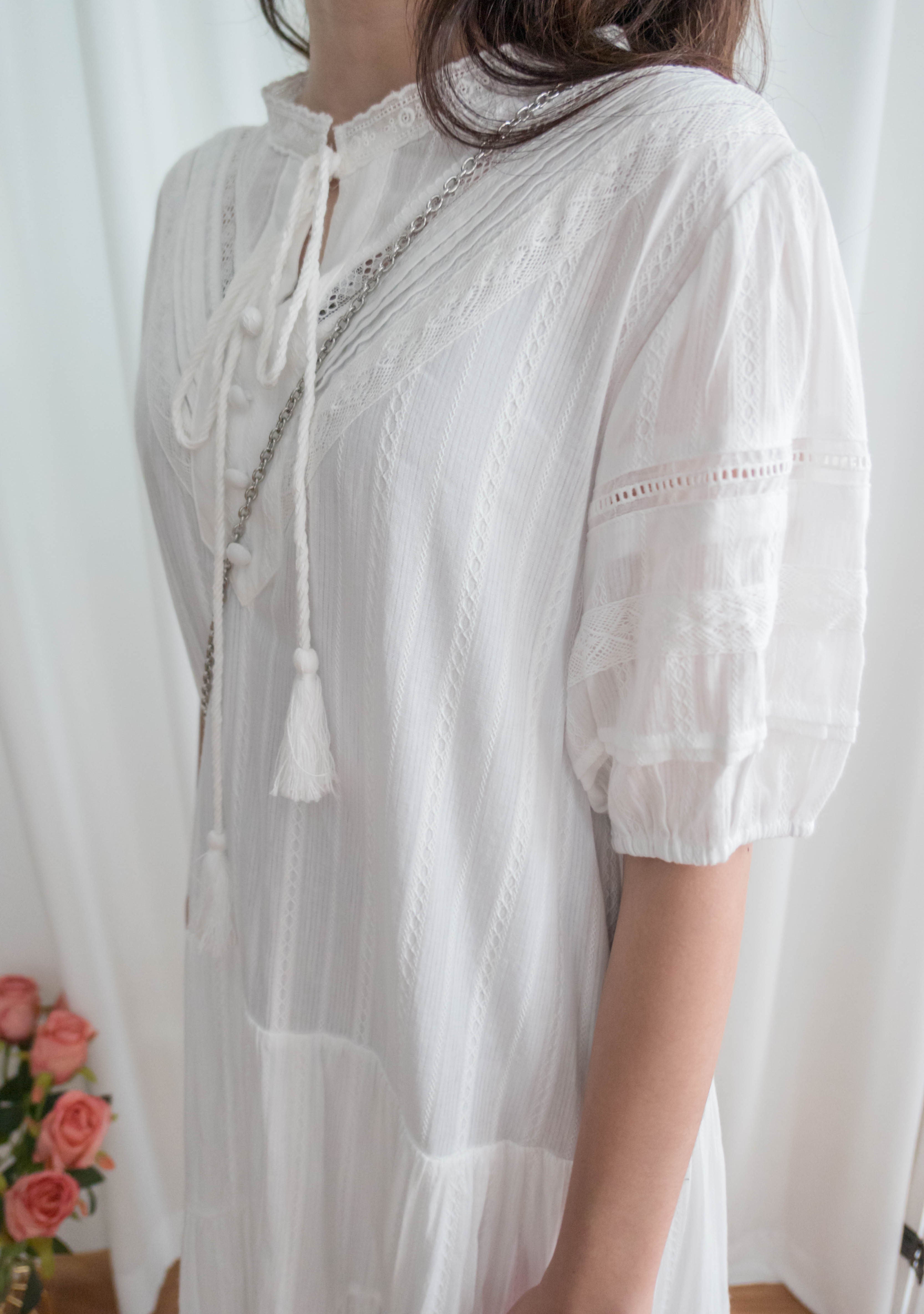 Ethnic Pattern 白色通花流蘇領口飄逸多層, Dress(售完即止) / DS9317