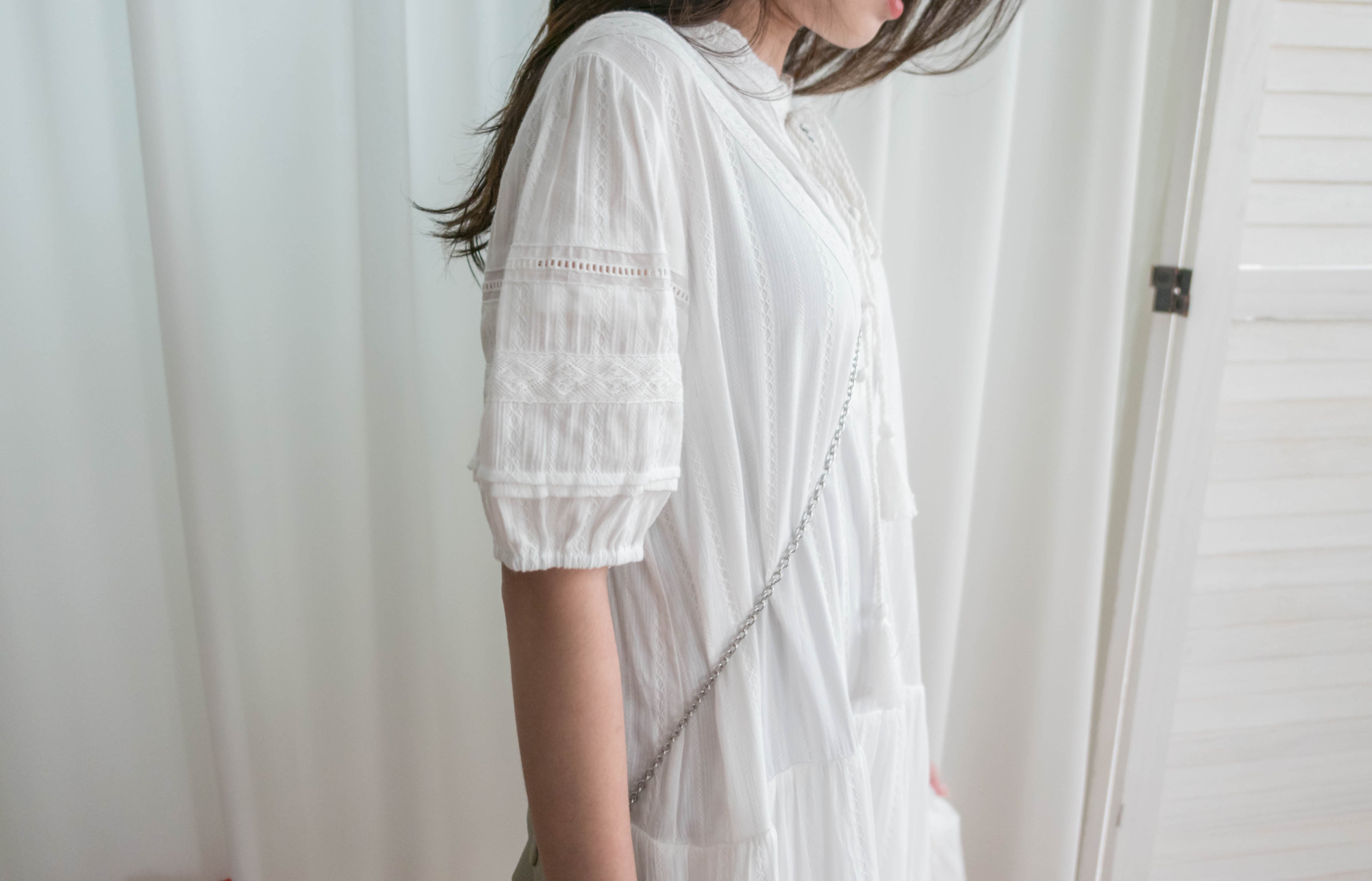Ethnic Pattern 白色通花流蘇領口飄逸多層, Dress(售完即止) / DS9317
