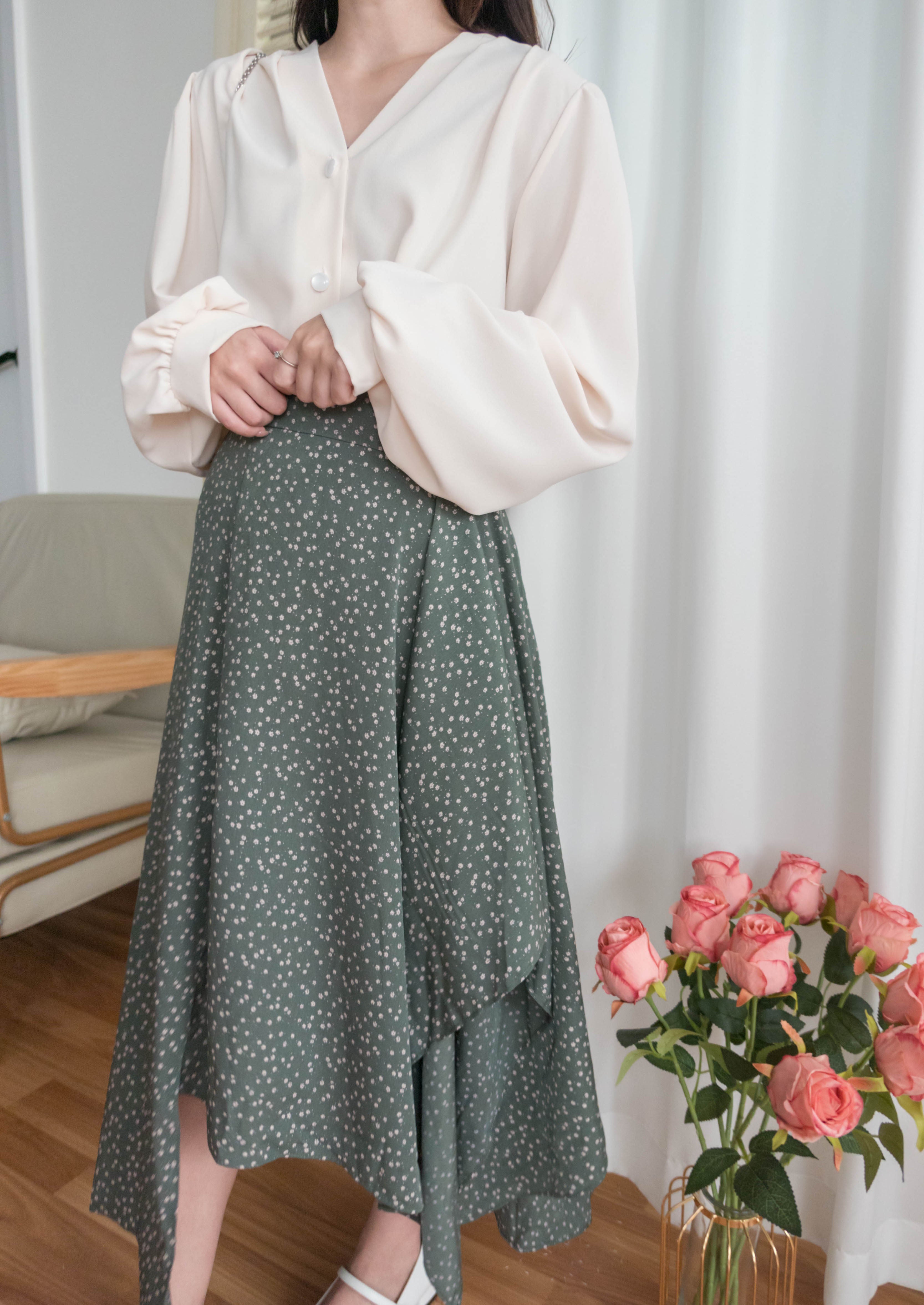 Egg Flower 雪紡雞蛋花側褶疊不規則傘裙, Skirt/ SK8740