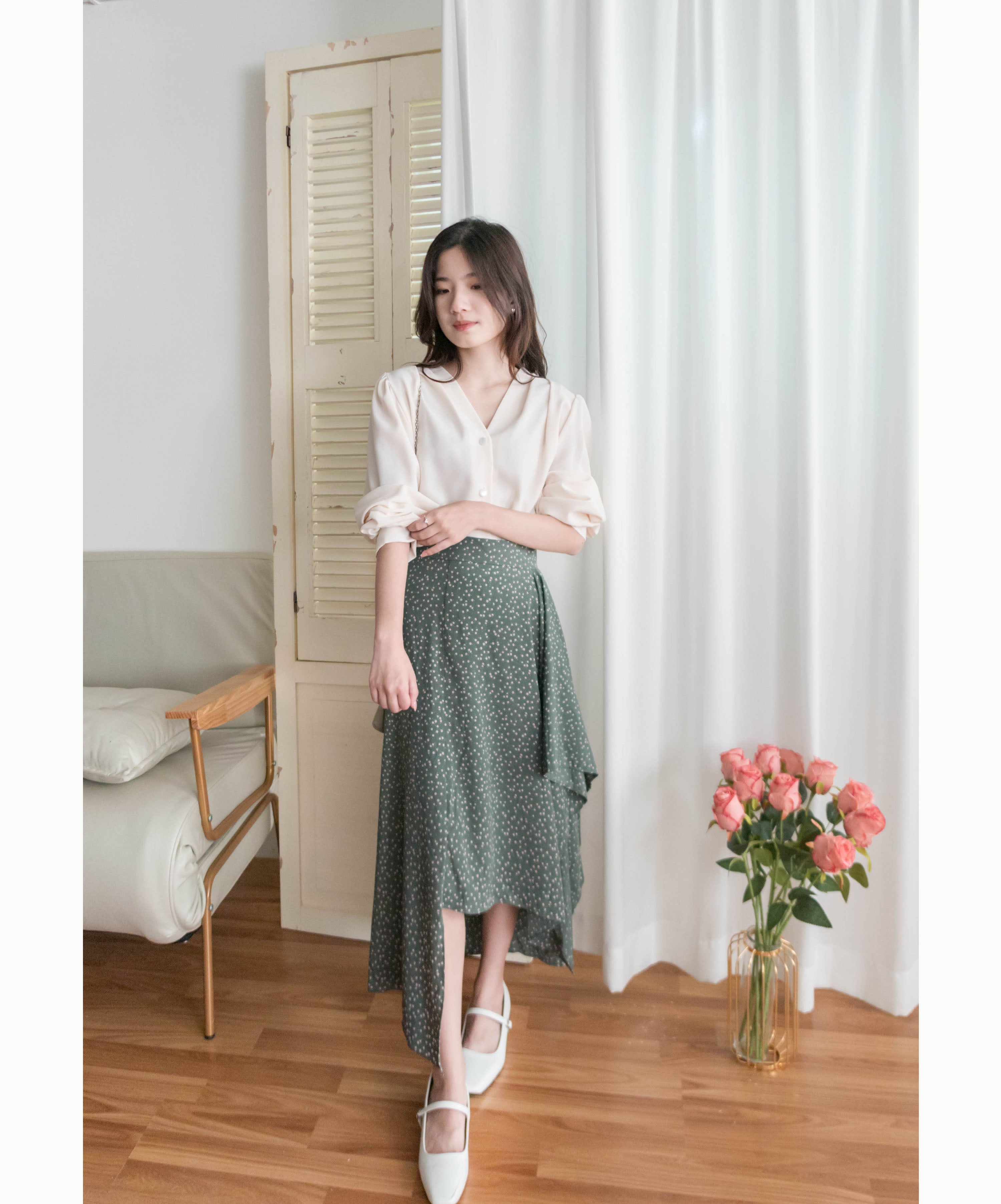 Egg Flower 雪紡雞蛋花側褶疊不規則傘裙, Skirt/ SK8740