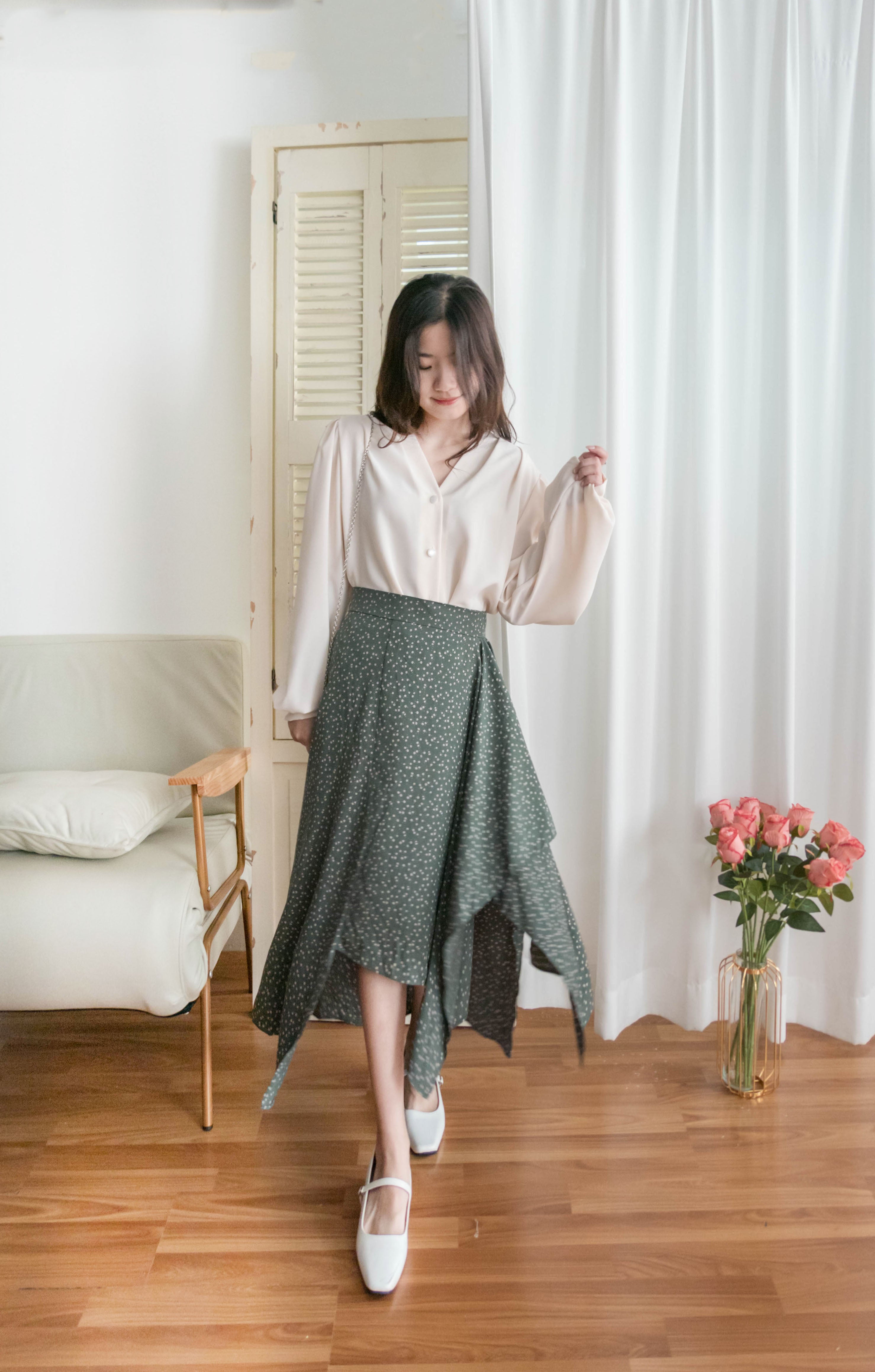 Egg Flower 雪紡雞蛋花側褶疊不規則傘裙, Skirt/ SK8740