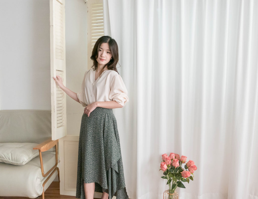 Egg Flower 雪紡雞蛋花側褶疊不規則傘裙, Skirt/ SK8740