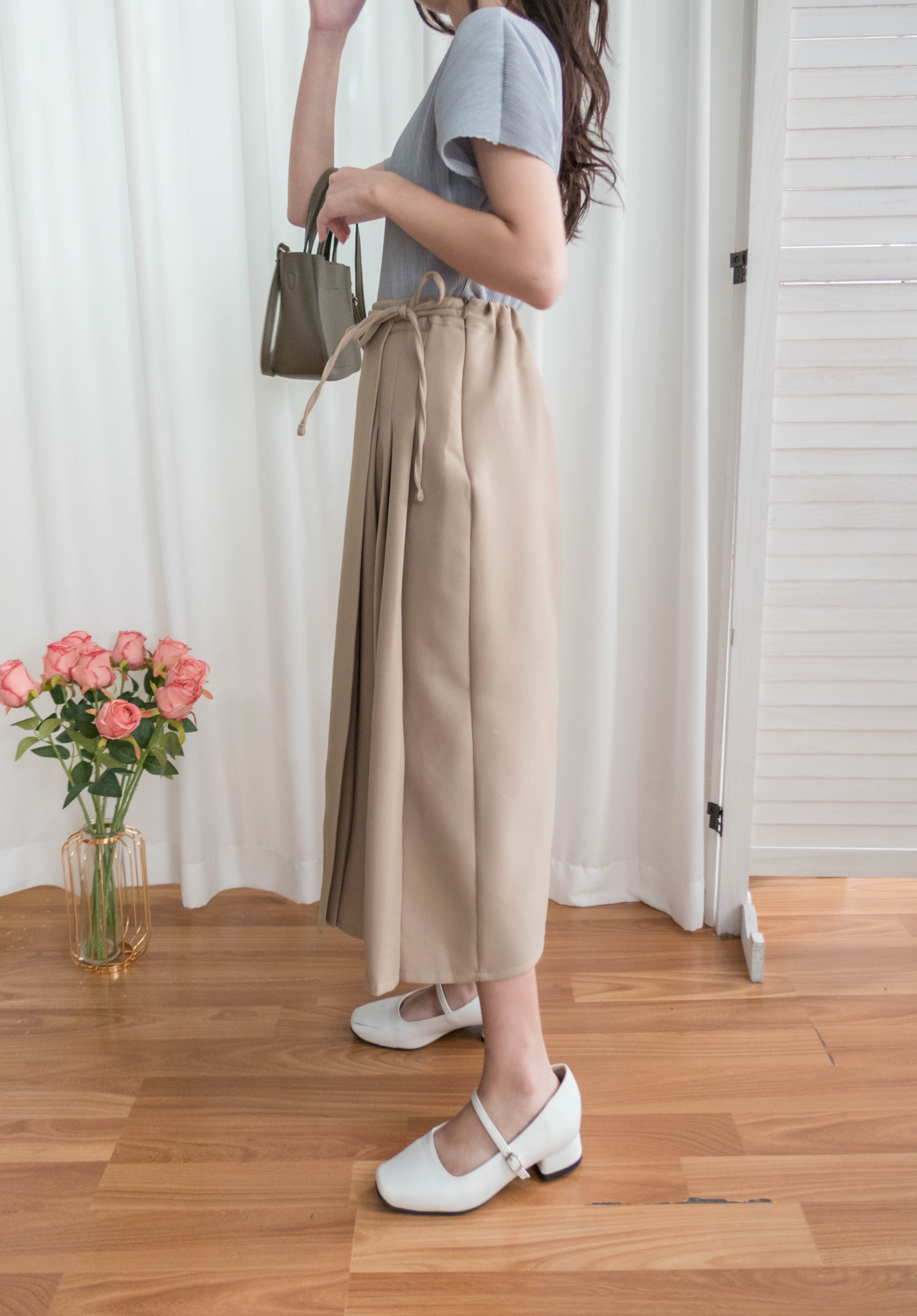 Pleated Ribbon 交疊內百摺蝴蝶結高腰半身裙, Skirt/ SK8739 (奶茶 BurlyWood sold out)