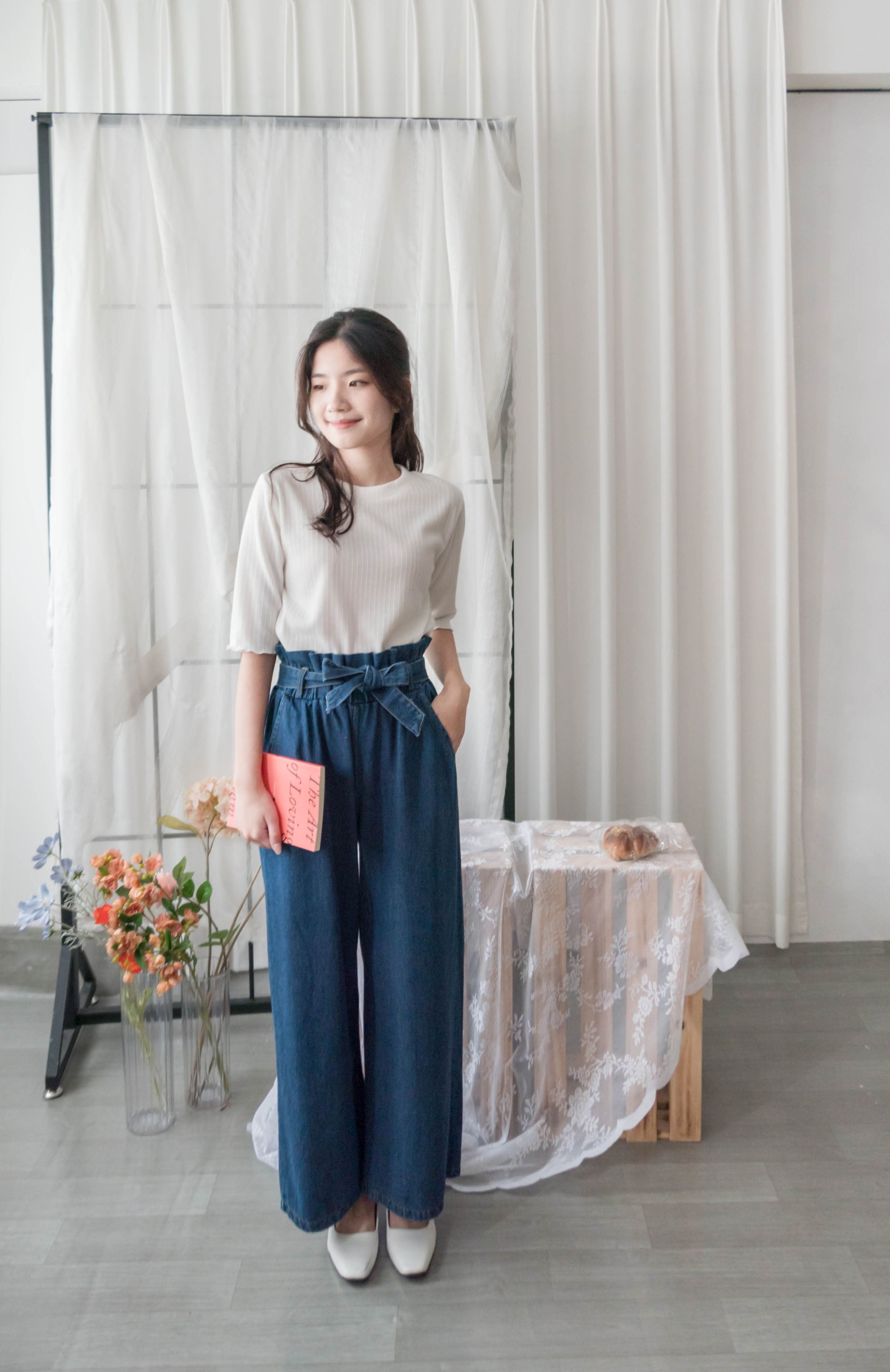 Pleated Waist 百褶橡筋高腰連腰帶直腳牛仔褲, Jeans/ PT8396