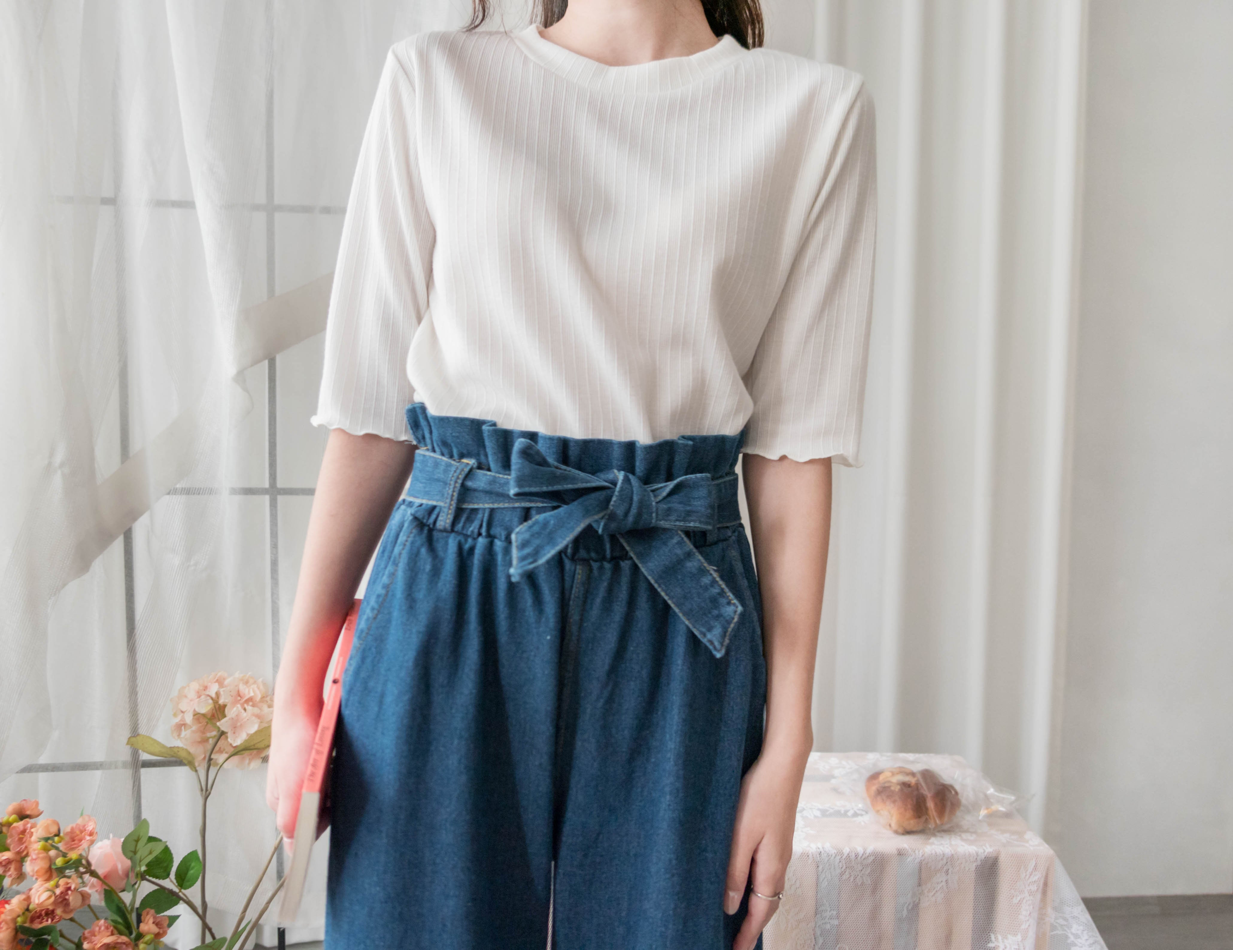 Pleated Waist 百褶橡筋高腰連腰帶直腳牛仔褲, Jeans/ PT8396