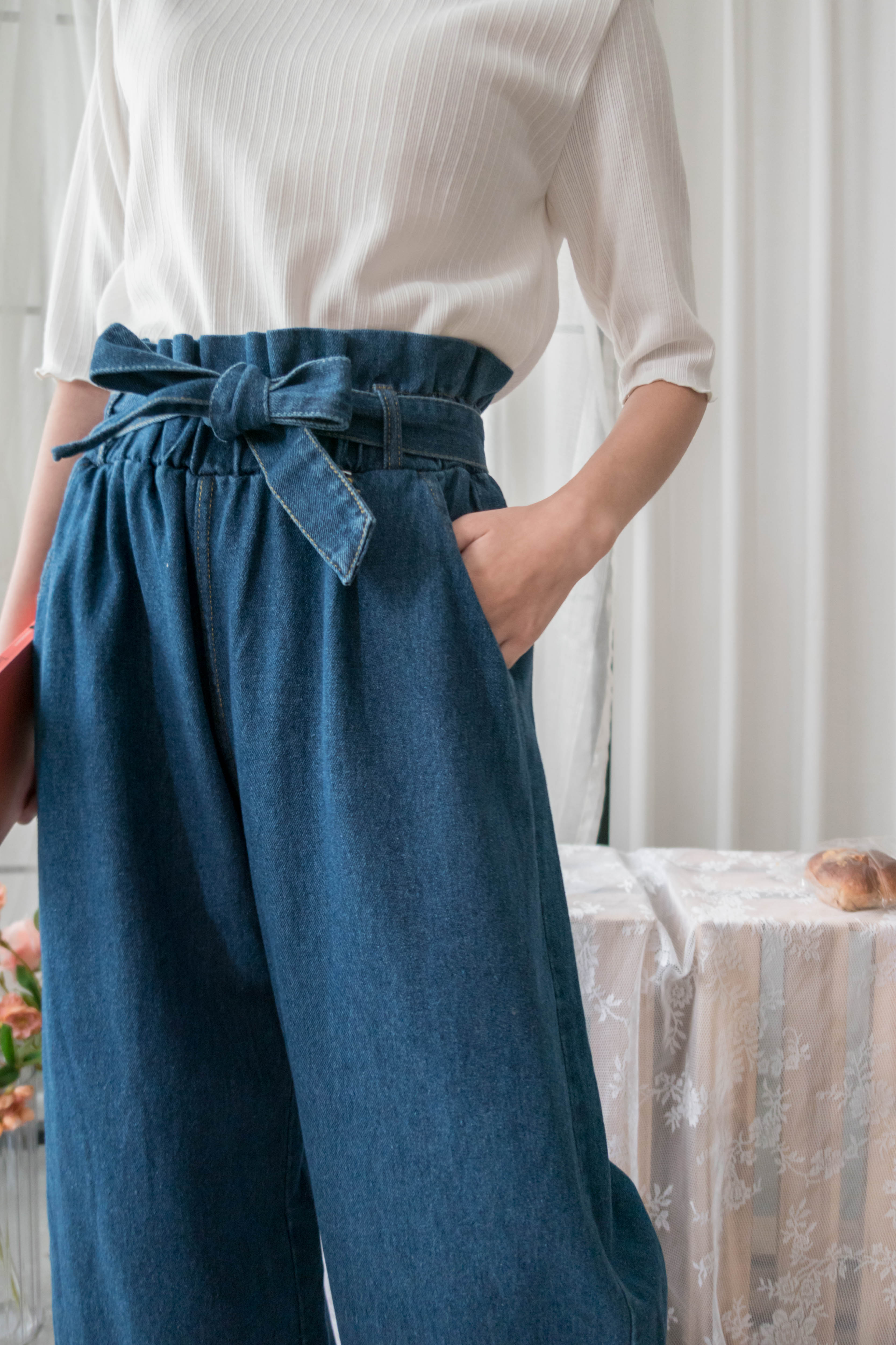 Pleated Waist 百褶橡筋高腰連腰帶直腳牛仔褲, Jeans/ PT8396