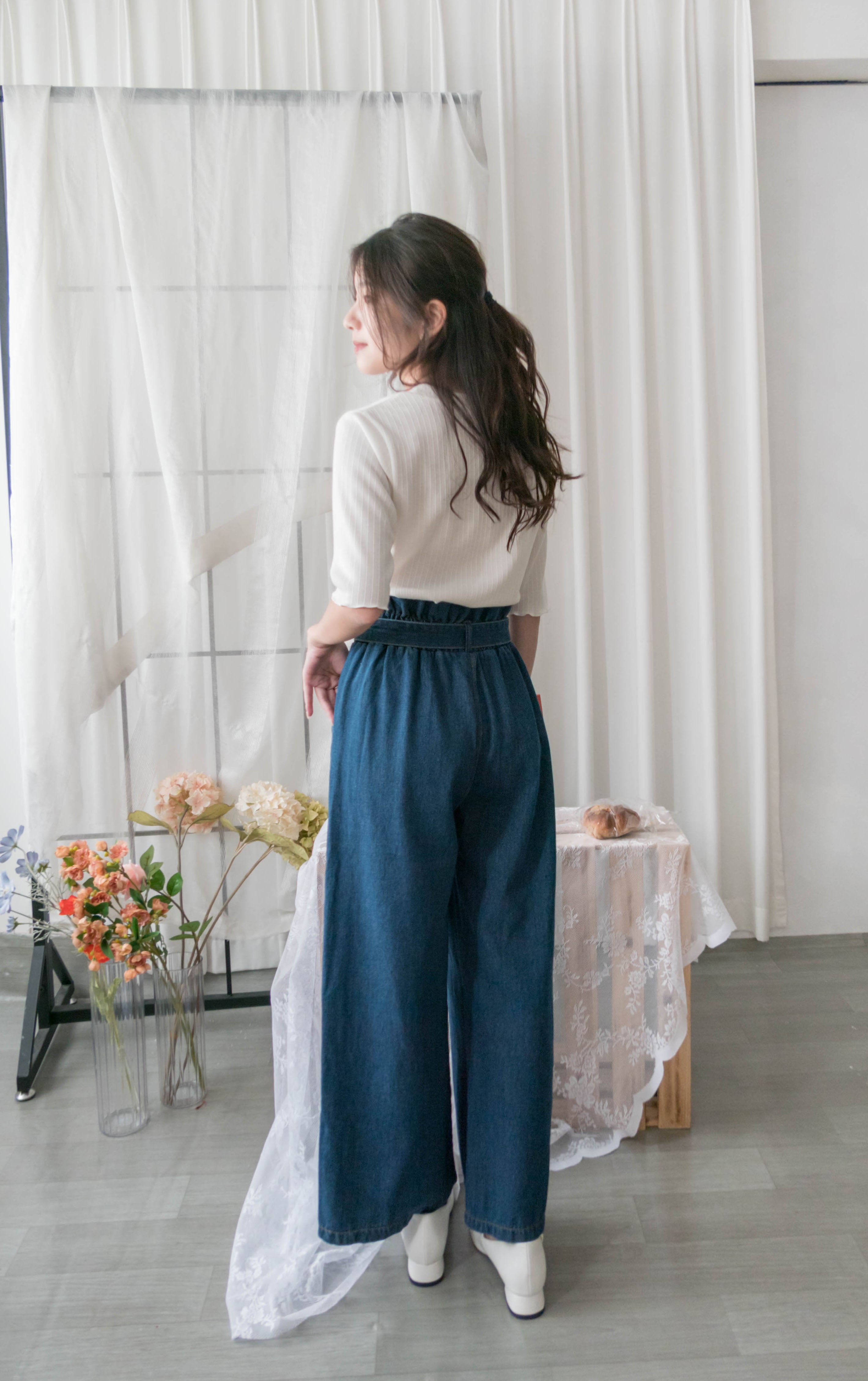 Pleated Waist 百褶橡筋高腰連腰帶直腳牛仔褲, Jeans/ PT8396