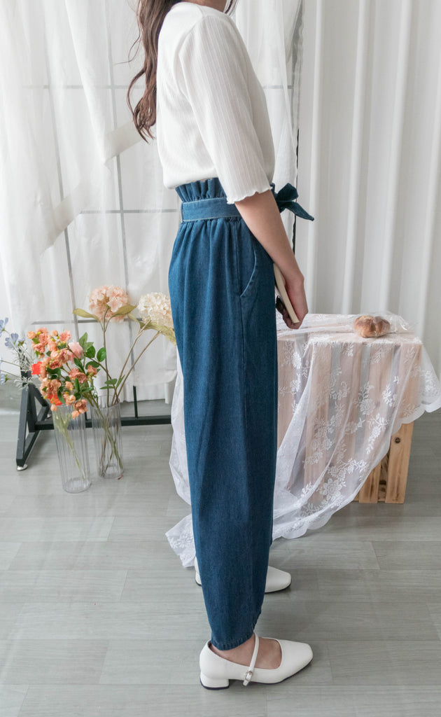 Pleated Waist 百褶橡筋高腰連腰帶直腳牛仔褲, Jeans/ PT8396