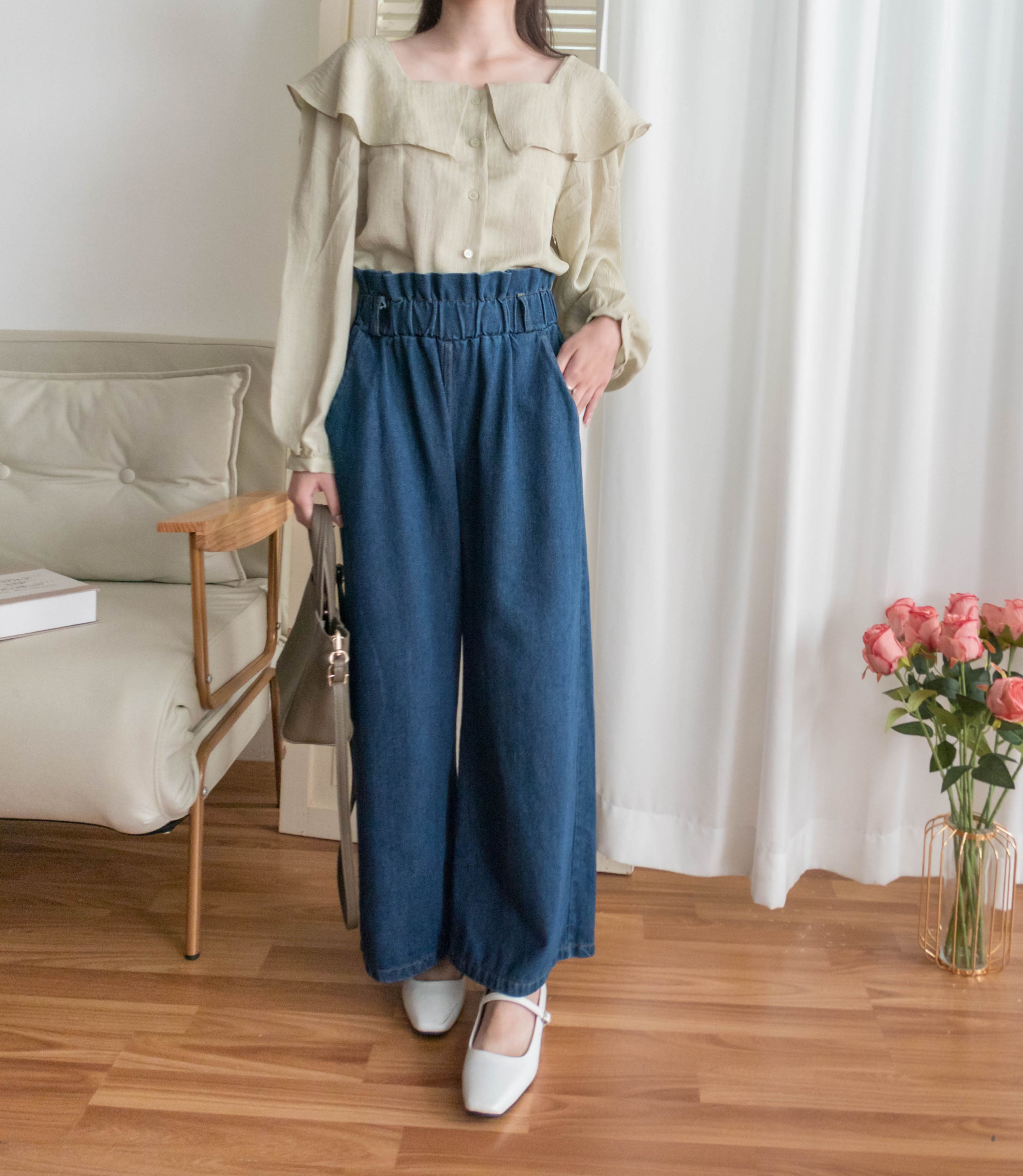 Pleated Waist 百褶橡筋高腰連腰帶直腳牛仔褲, Jeans/ PT8396