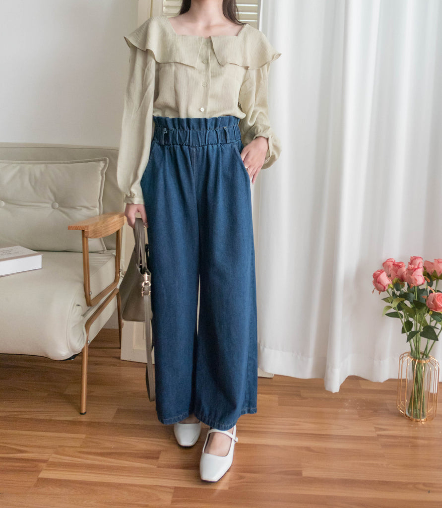 Pleated Waist 百褶橡筋高腰連腰帶直腳牛仔褲, Jeans/ PT8396