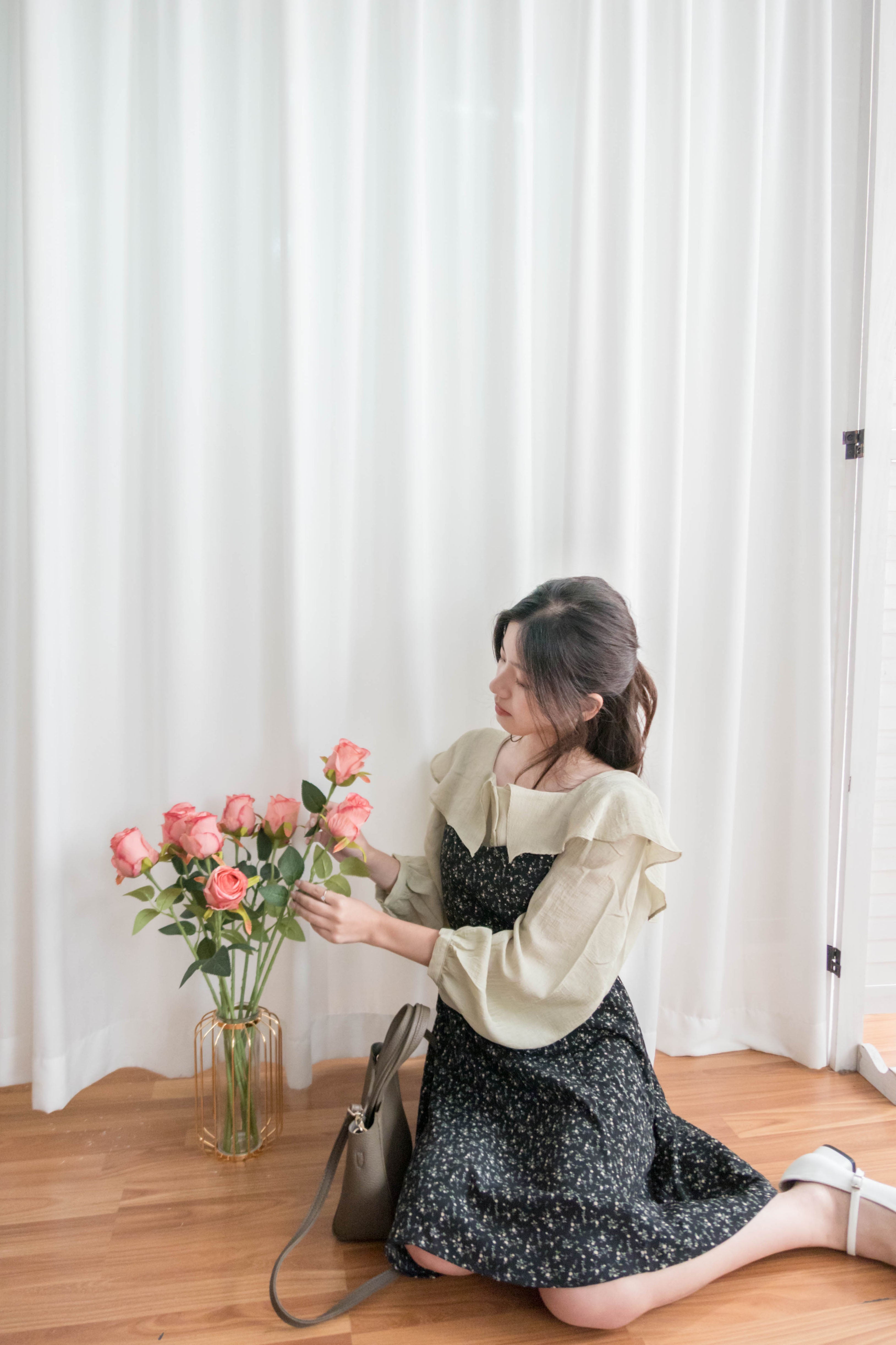 Floral Vest 細帶V領後背橡筋輕優雅吊帶裙, Dress/ DS9329 (Lightsteelblue sold out)