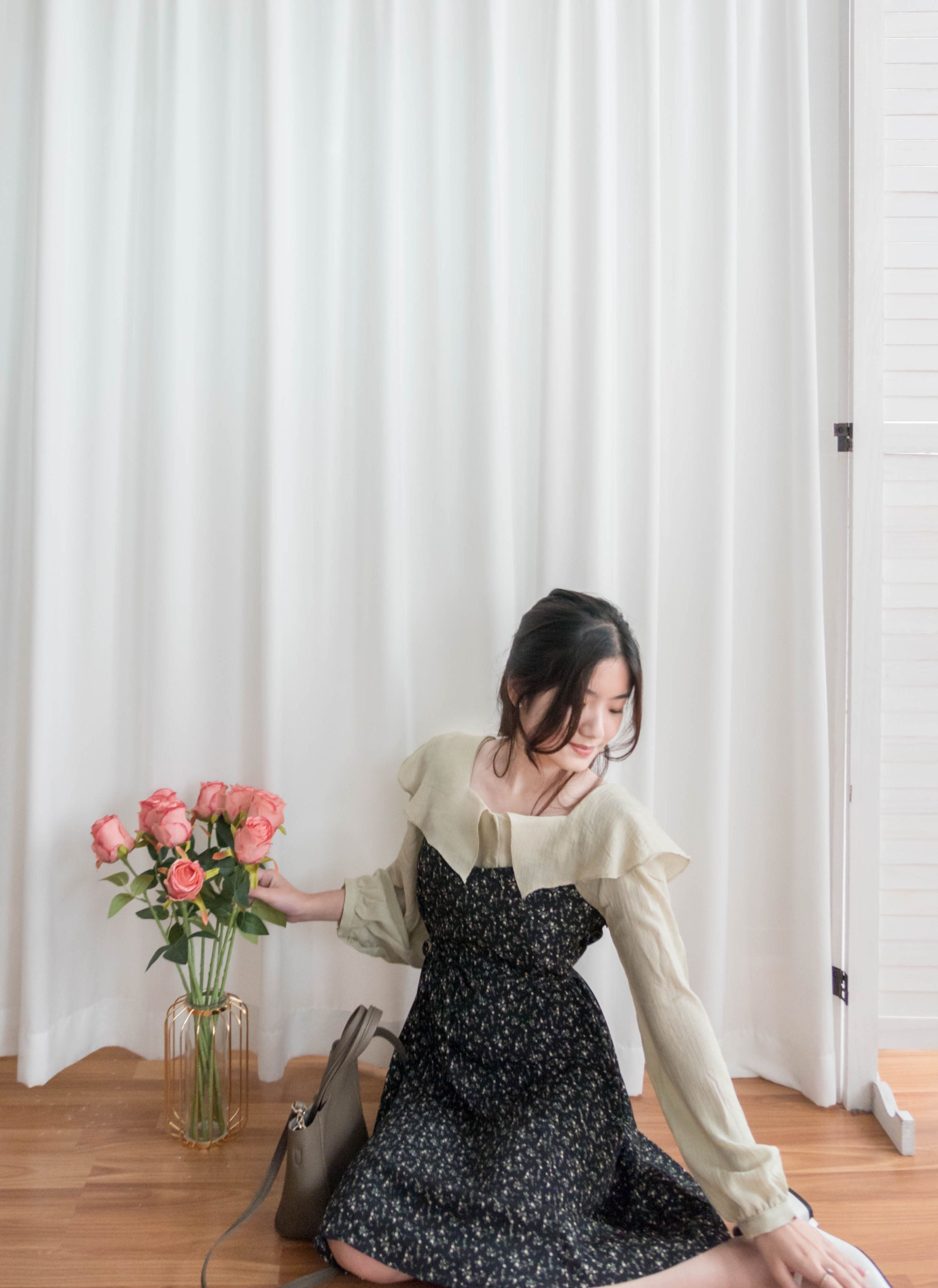 Floral Vest 細帶V領後背橡筋輕優雅吊帶裙, Dress/ DS9329 (Lightsteelblue sold out)
