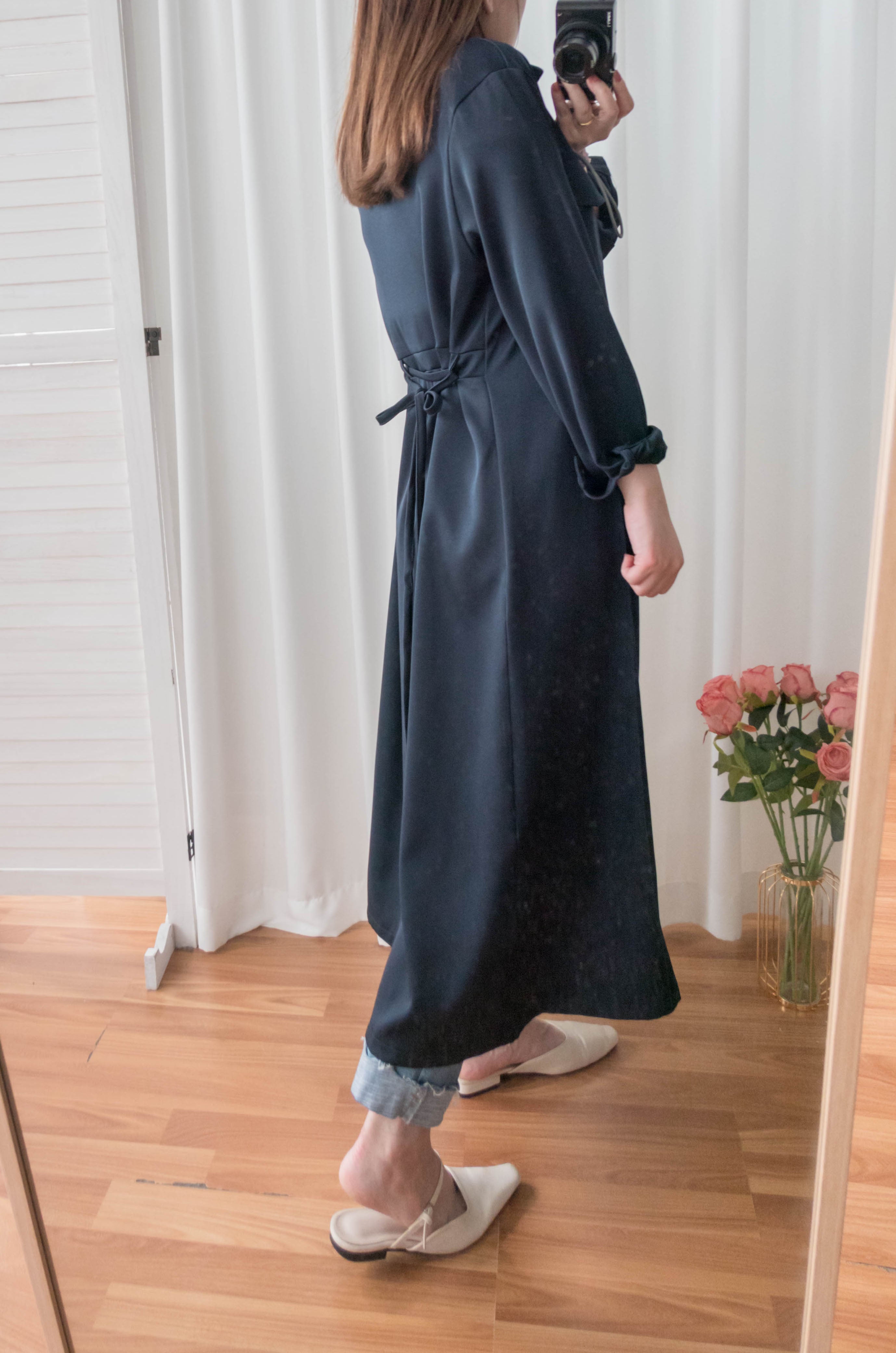 Navy 微光澤雙口袋修腰知性連身裙或外套, Dress/ DS9324