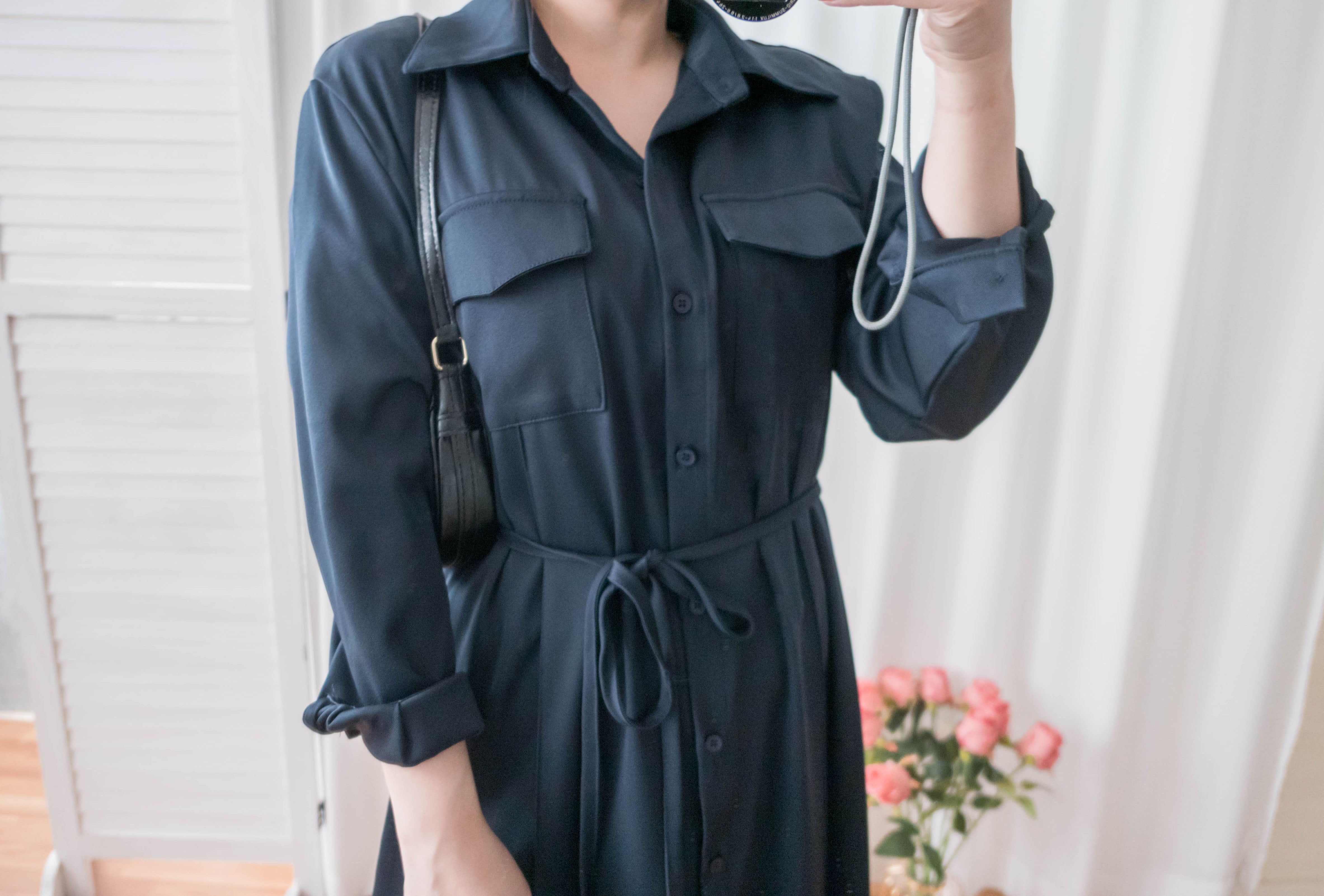 Navy 微光澤雙口袋修腰知性連身裙或外套, Dress/ DS9324