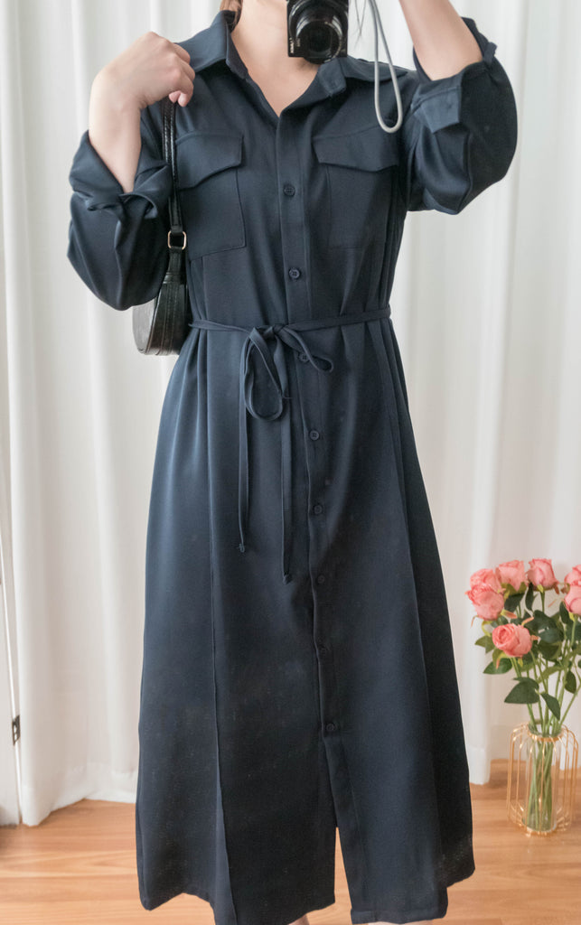 Navy 微光澤雙口袋修腰知性連身裙或外套, Dress/ DS9324