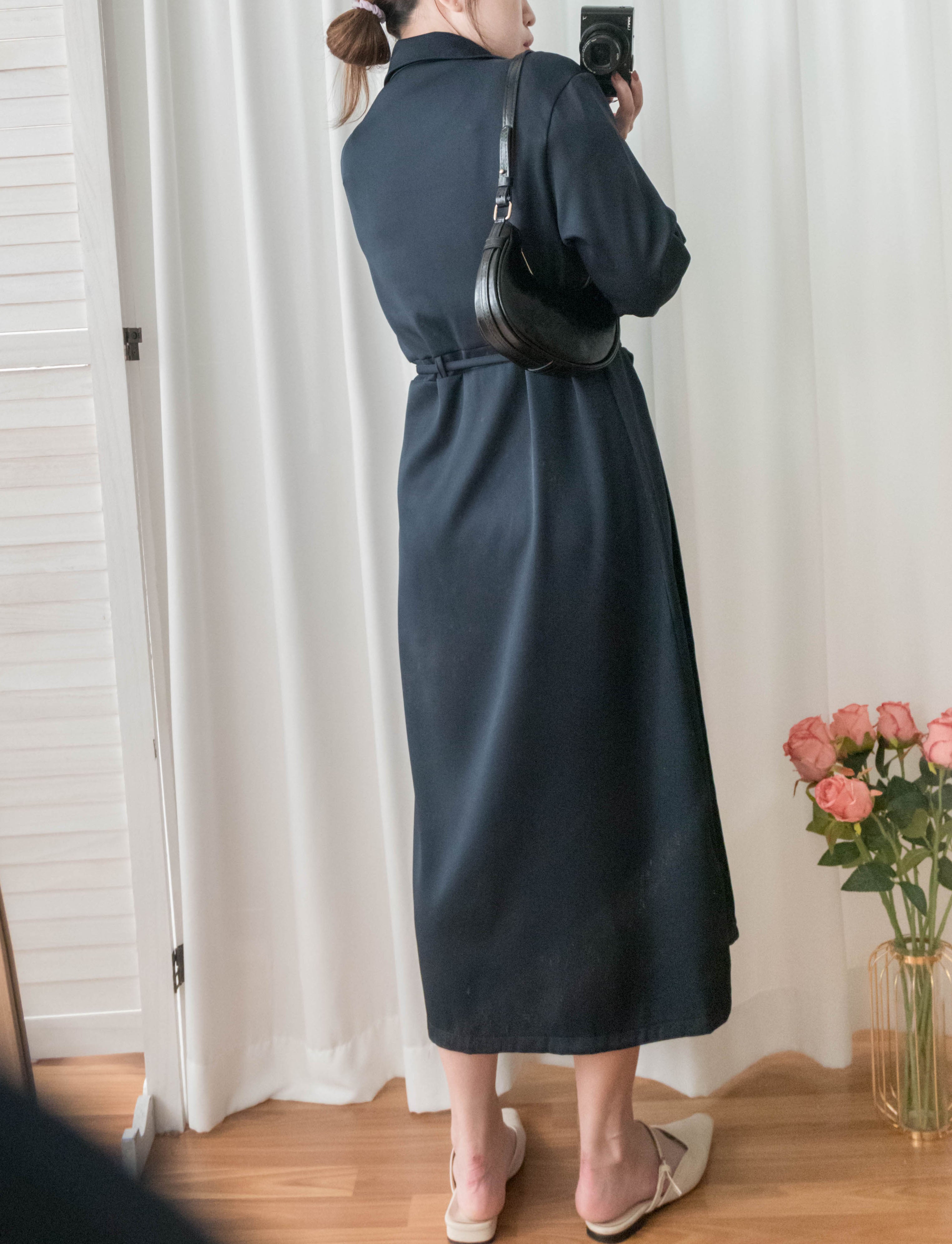 Navy 微光澤雙口袋修腰知性連身裙或外套, Dress/ DS9324