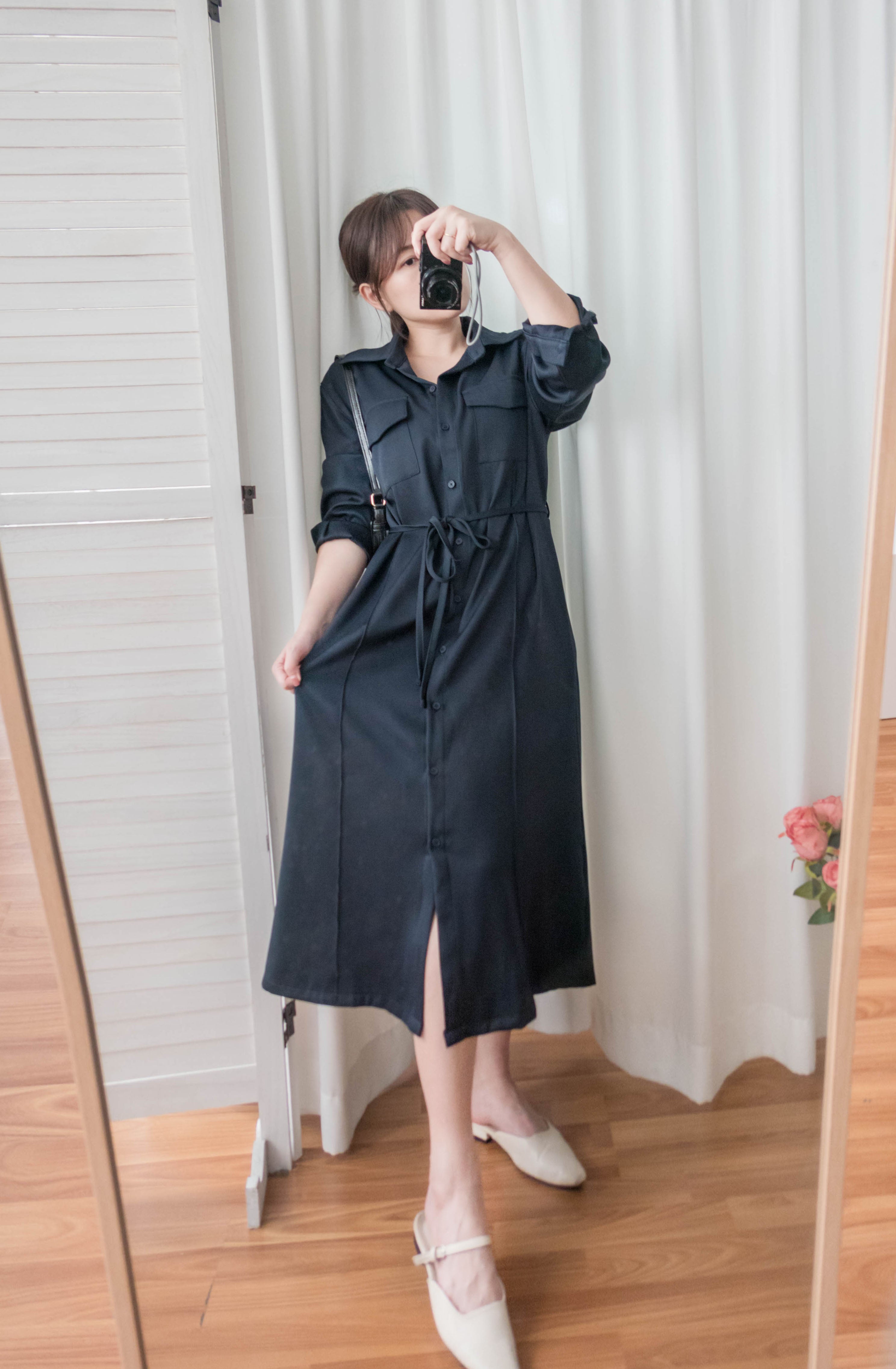 Navy 微光澤雙口袋修腰知性連身裙或外套, Dress/ DS9324