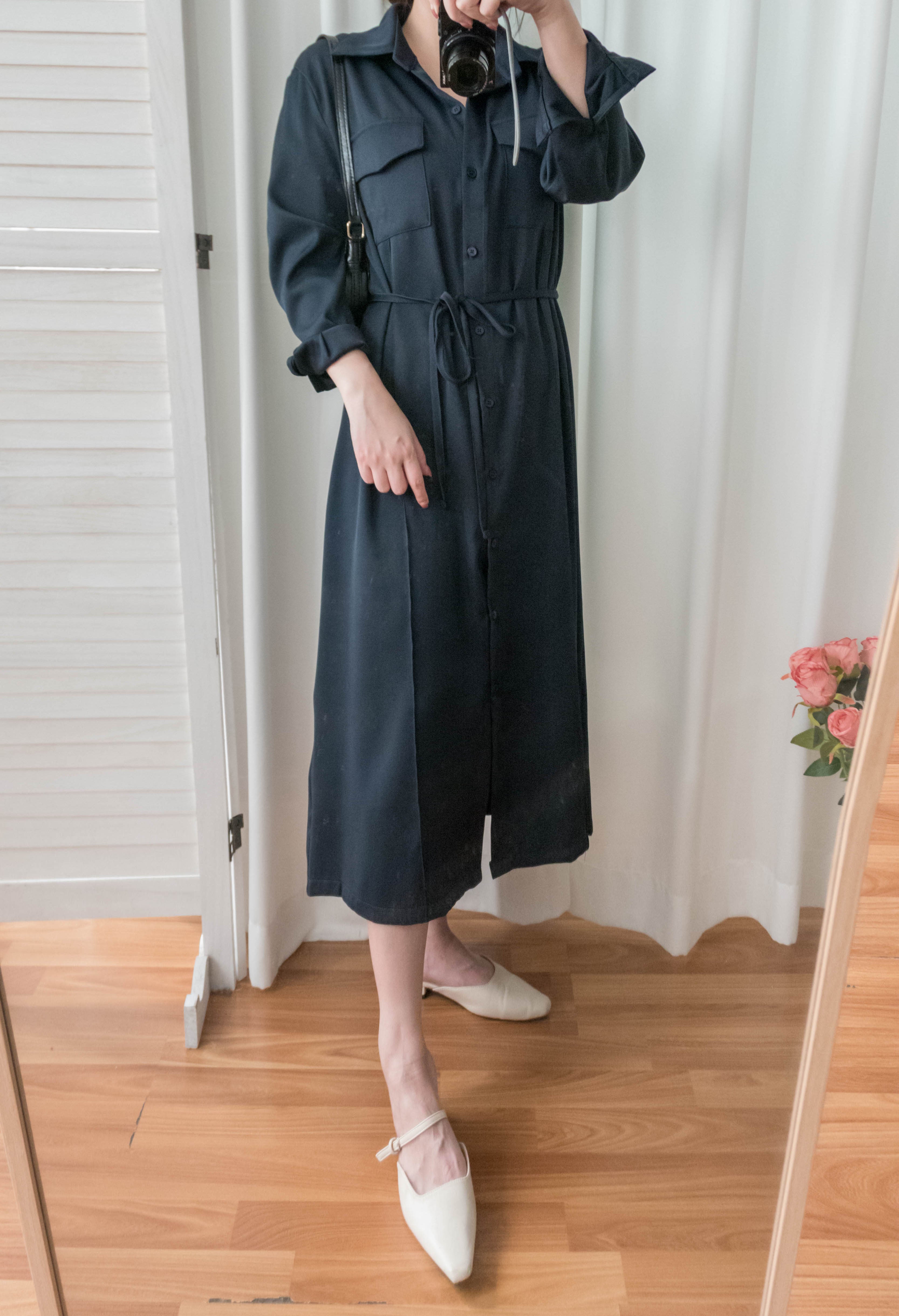 Navy 微光澤雙口袋修腰知性連身裙或外套, Dress/ DS9324