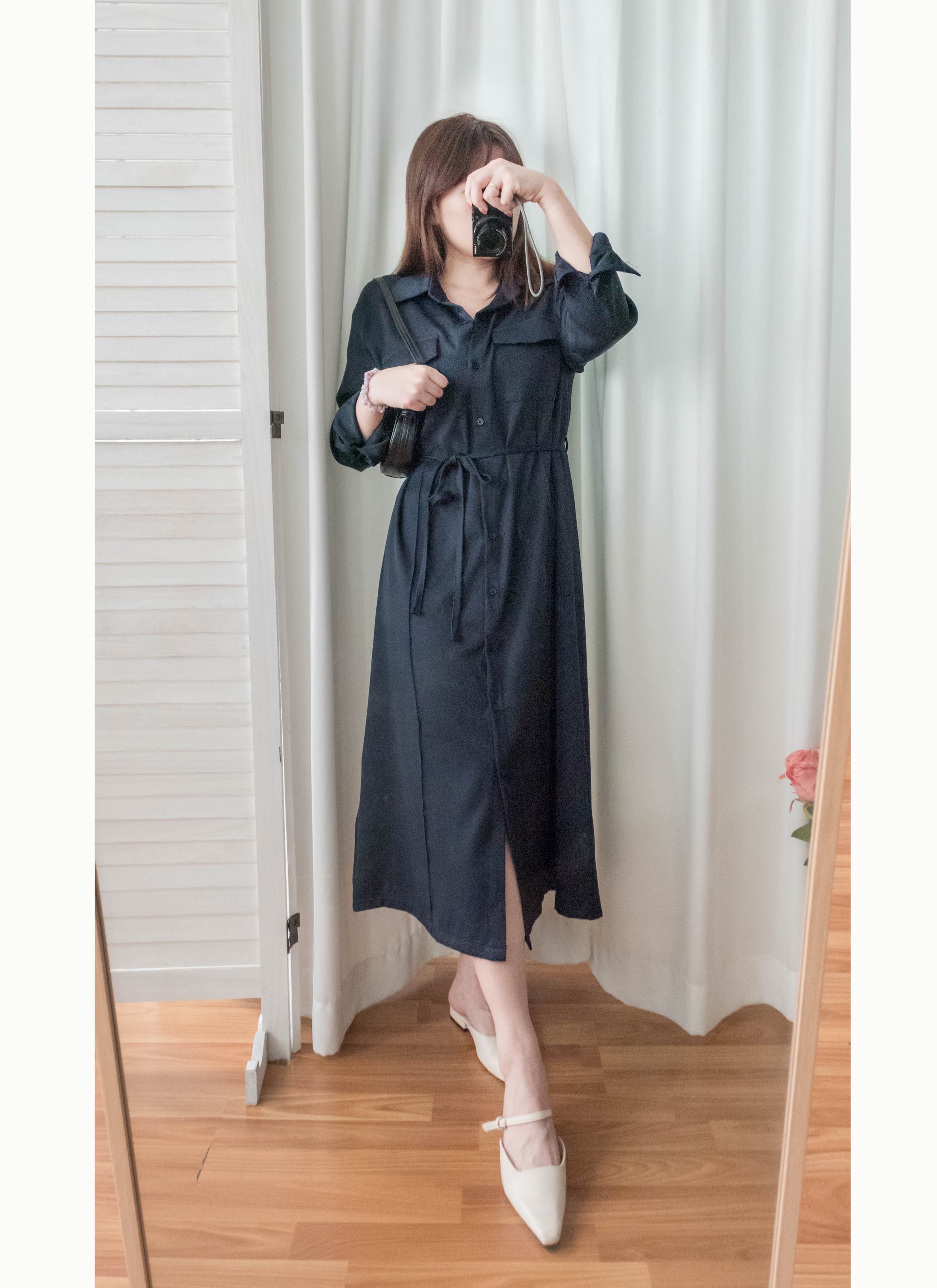 Navy 微光澤雙口袋修腰知性連身裙或外套, Dress/ DS9324