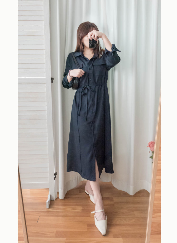 Navy 微光澤雙口袋修腰知性連身裙或外套, Dress/ DS9324