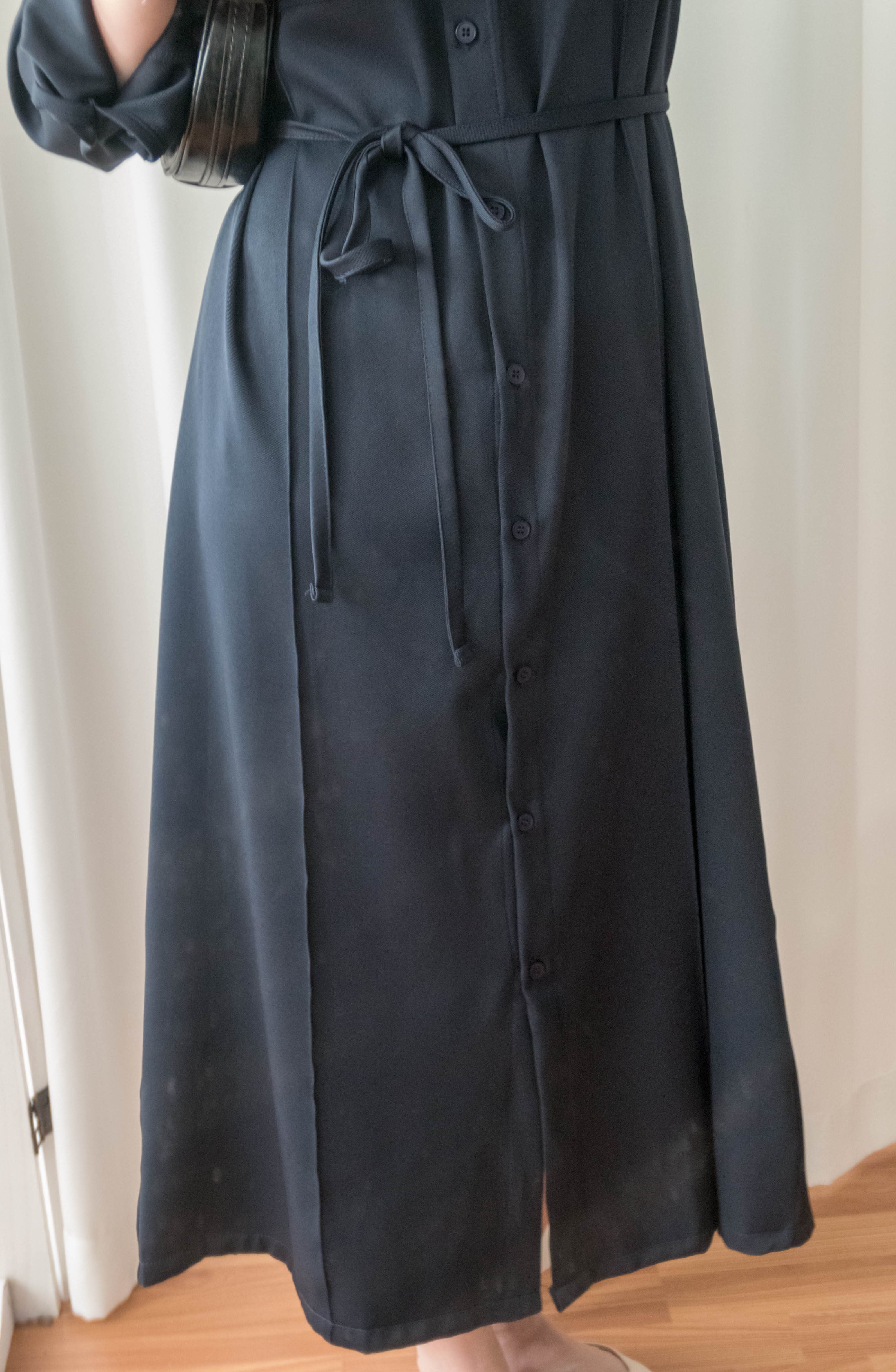 Navy 微光澤雙口袋修腰知性連身裙或外套, Dress/ DS9324