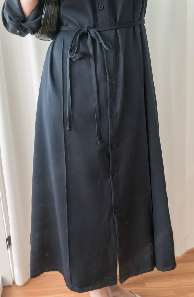 Navy 微光澤雙口袋修腰知性連身裙或外套, Dress/ DS9324