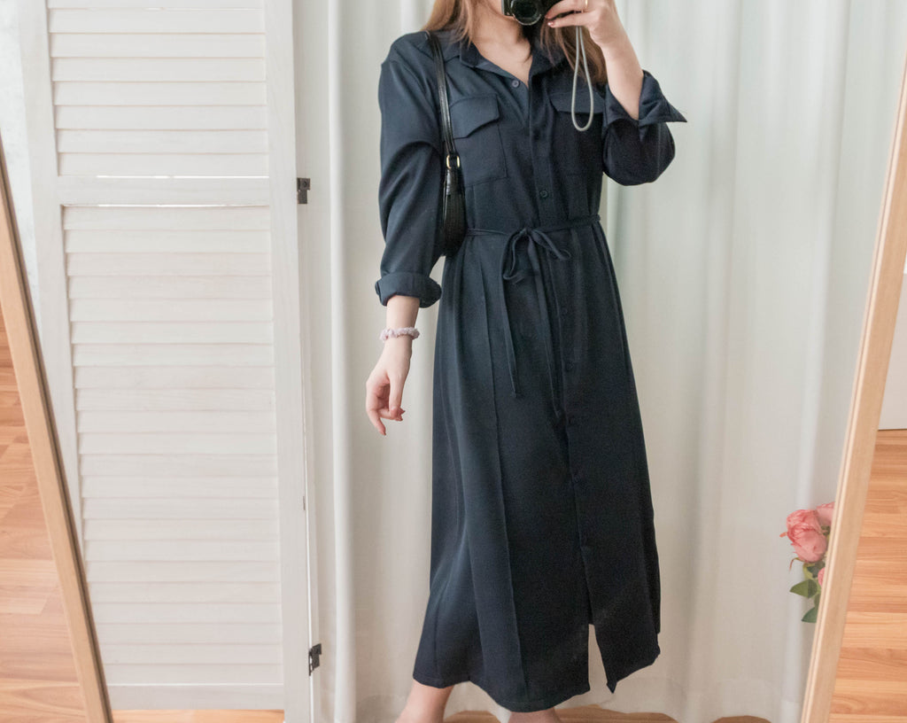 Navy 微光澤雙口袋修腰知性連身裙或外套, Dress/ DS9324