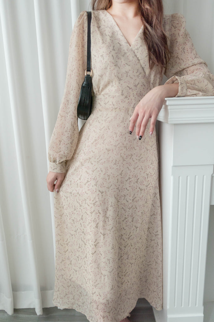 Lavender Floral 彩色幾何薰衣草疊領口飄逸雪紡連身裙, Dress/ DS9328