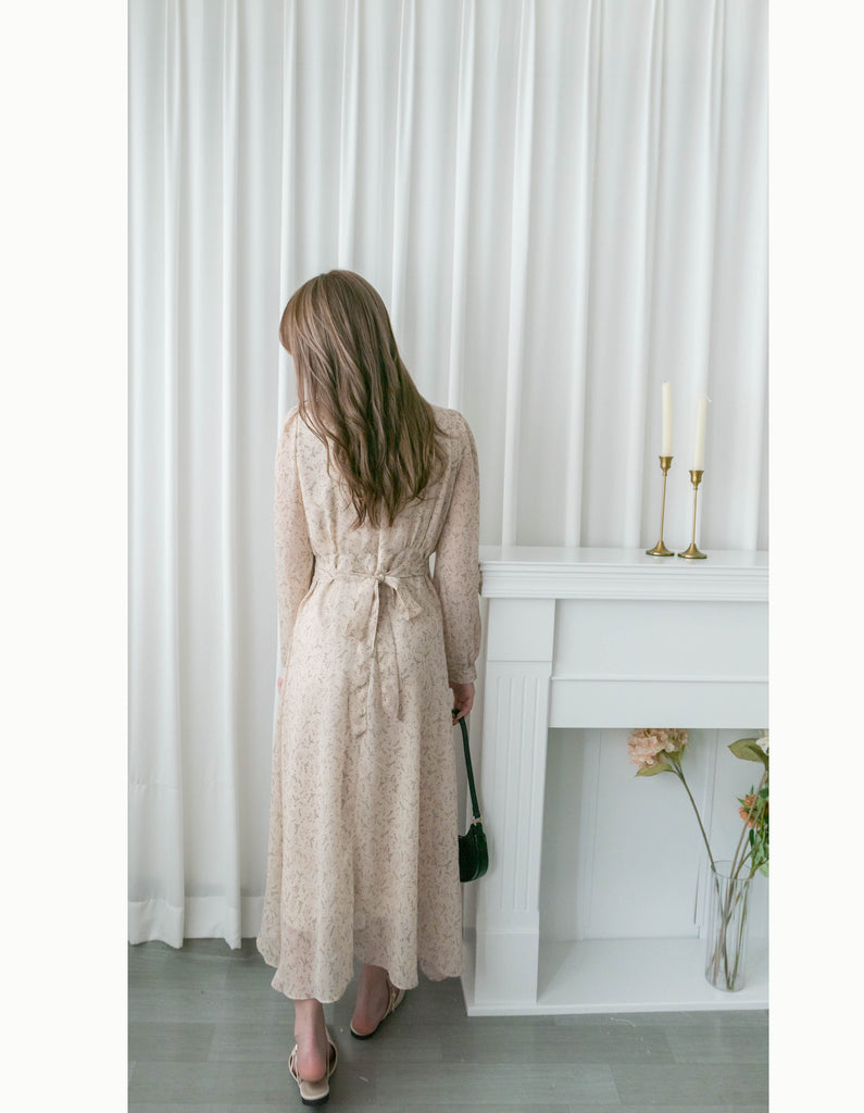 Lavender Floral 彩色幾何薰衣草疊領口飄逸雪紡連身裙, Dress/ DS9328