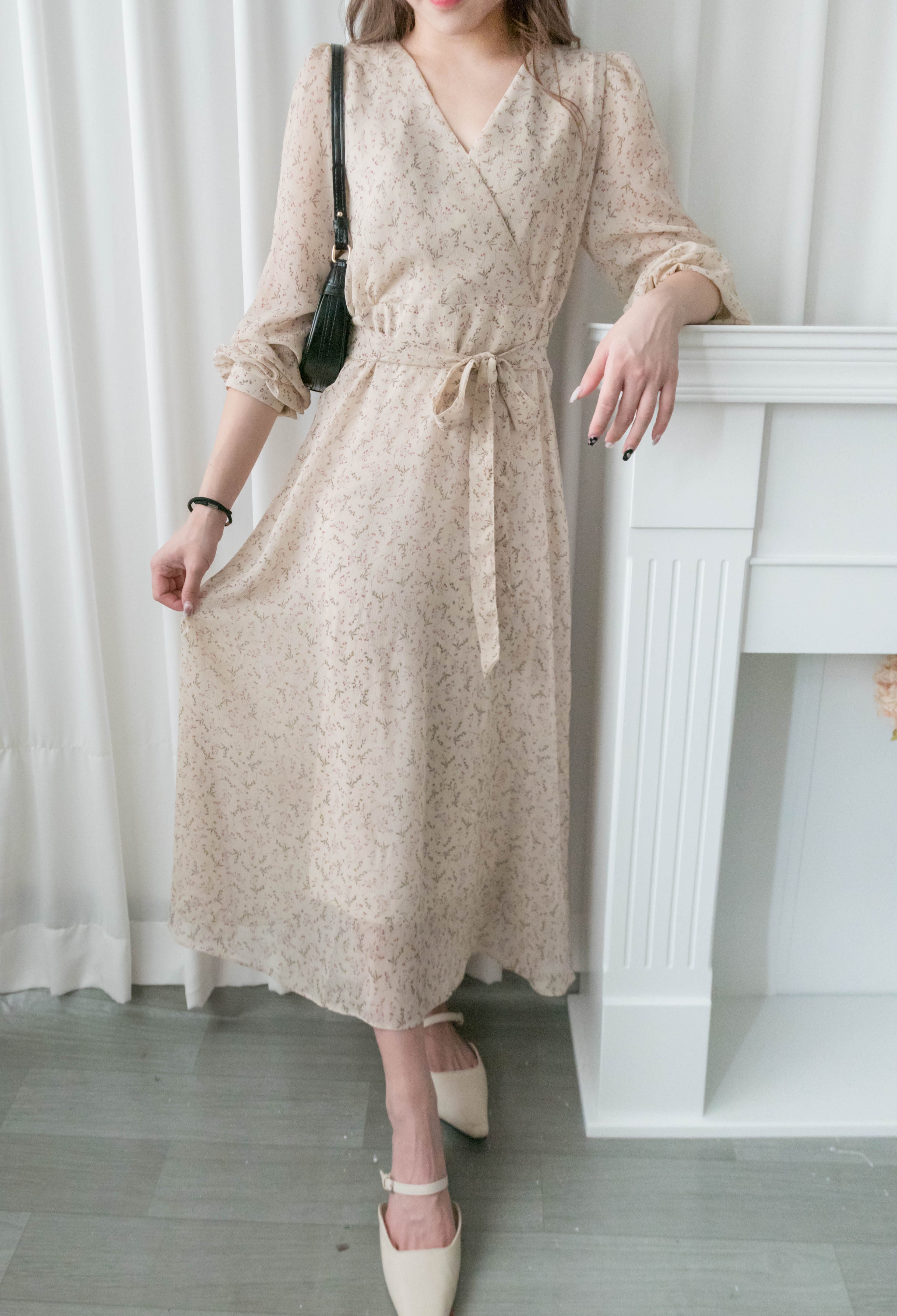 Lavender Floral 彩色幾何薰衣草疊領口飄逸雪紡連身裙, Dress/ DS9328