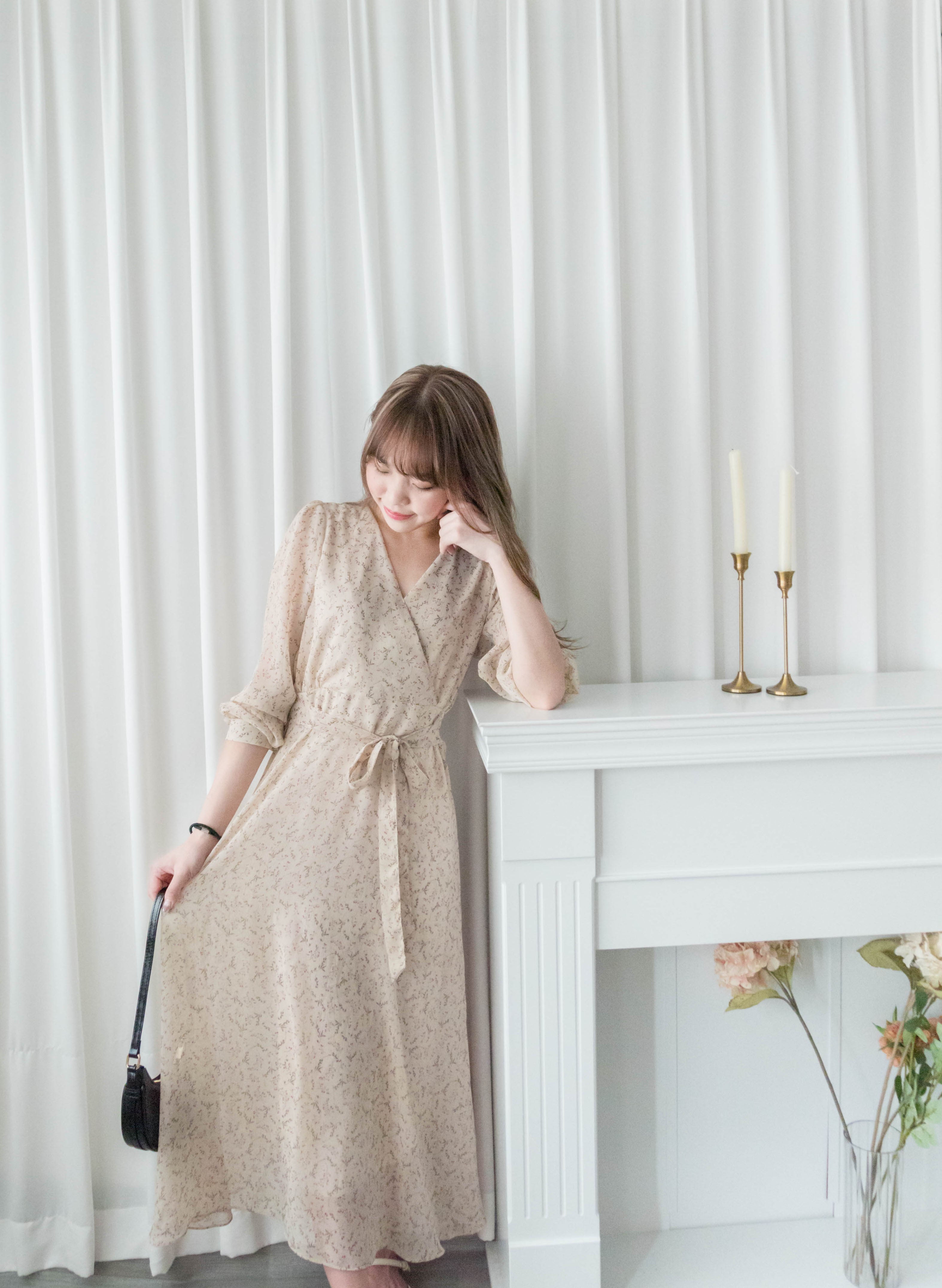Lavender Floral 彩色幾何薰衣草疊領口飄逸雪紡連身裙, Dress/ DS9328
