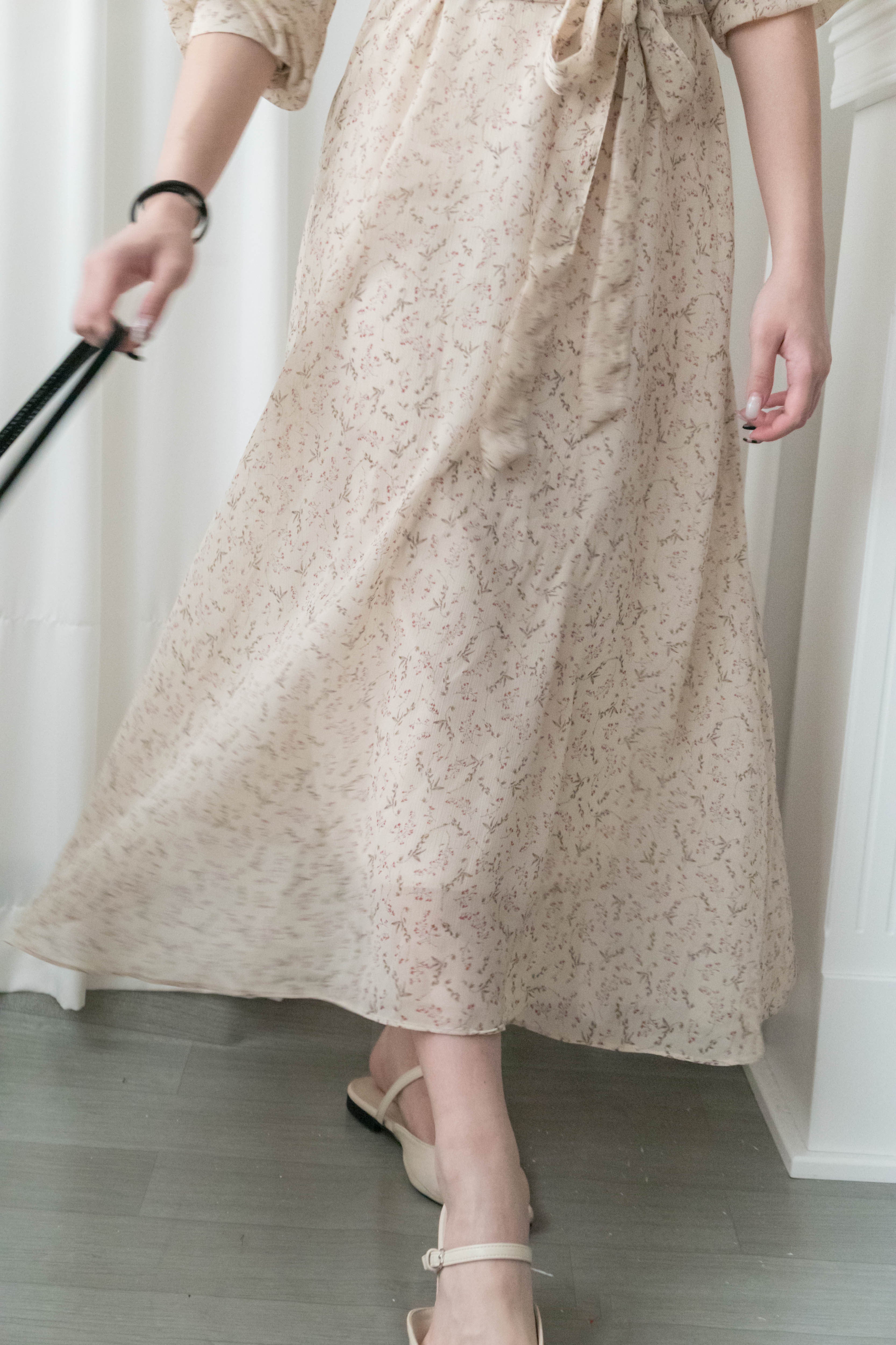 Lavender Floral 彩色幾何薰衣草疊領口飄逸雪紡連身裙, Dress/ DS9328