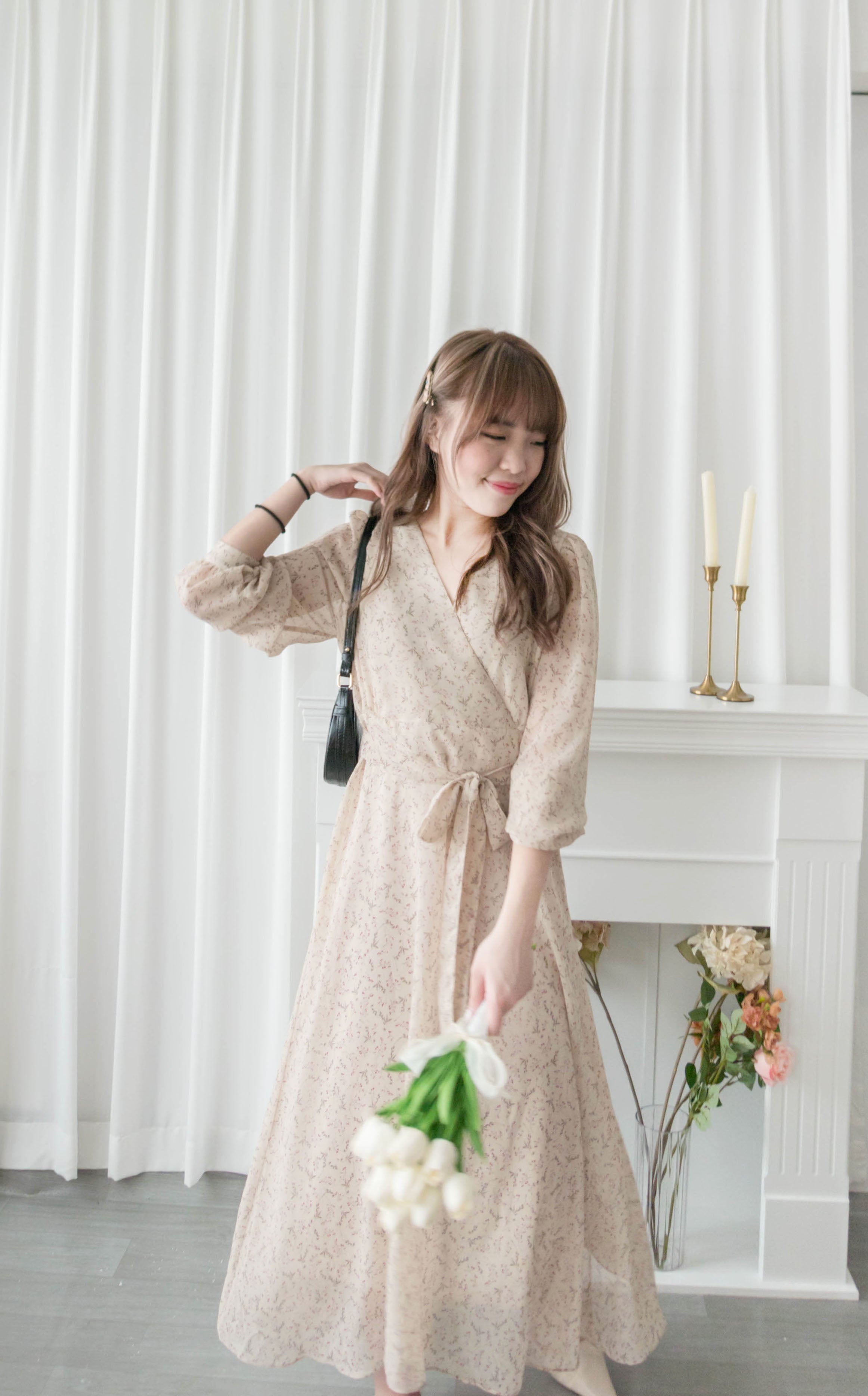 Lavender Floral 彩色幾何薰衣草疊領口飄逸雪紡連身裙, Dress/ DS9328