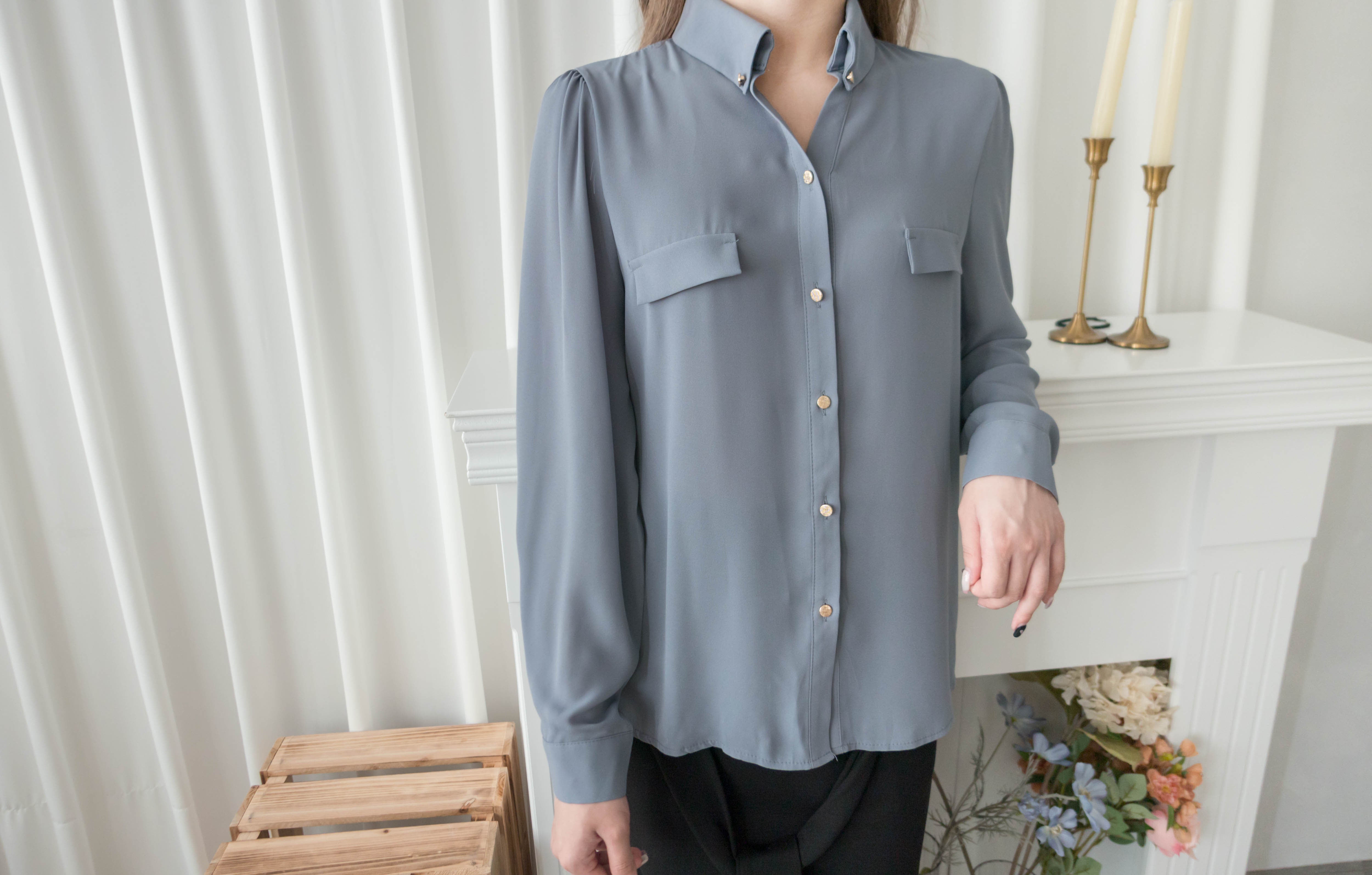Button Collar 磨砂金鈕裝飾質感雪紡上衣, Blouse/ BU8972